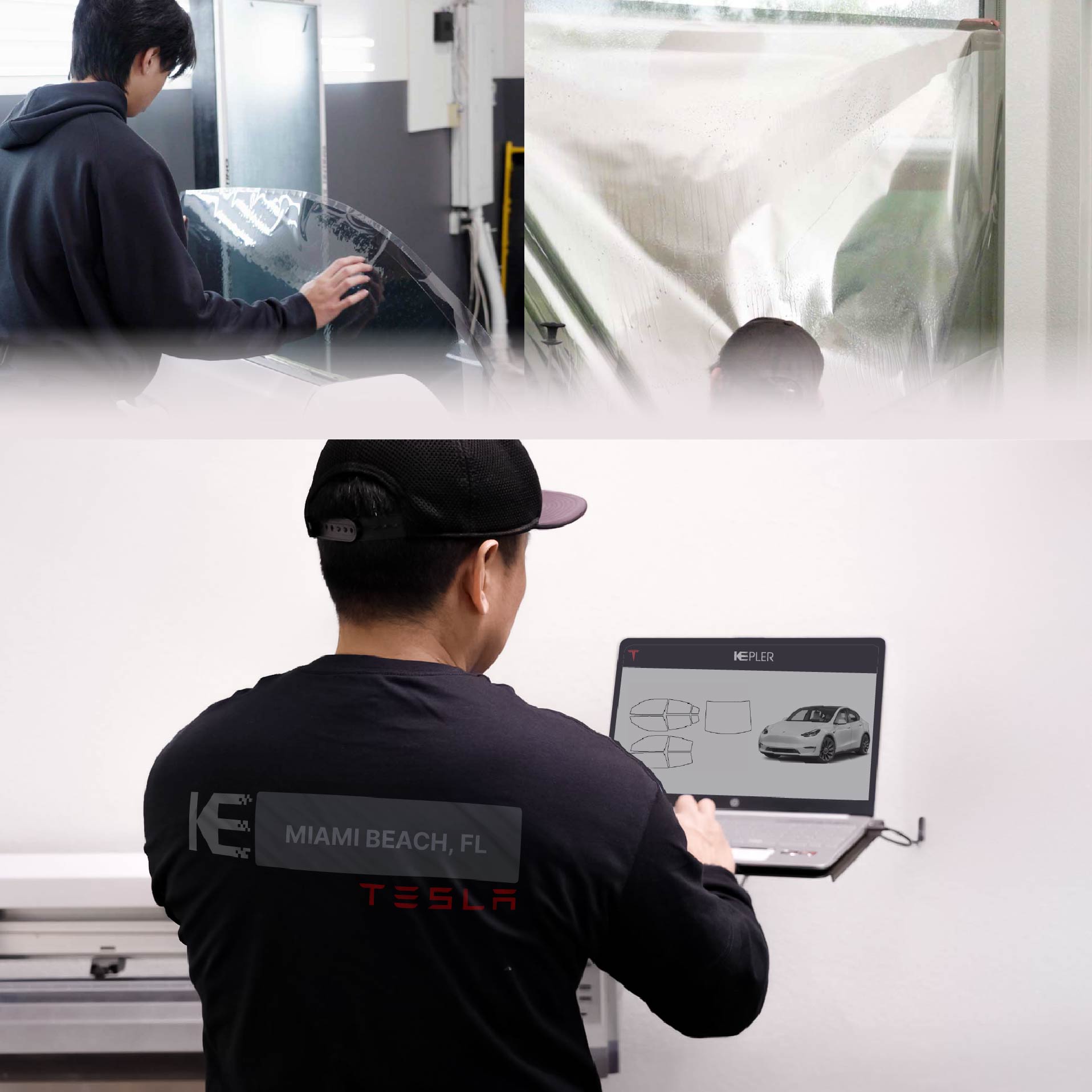 Expert Technician Fitting Ceramic Window Tint to Tesla in Miami Beach