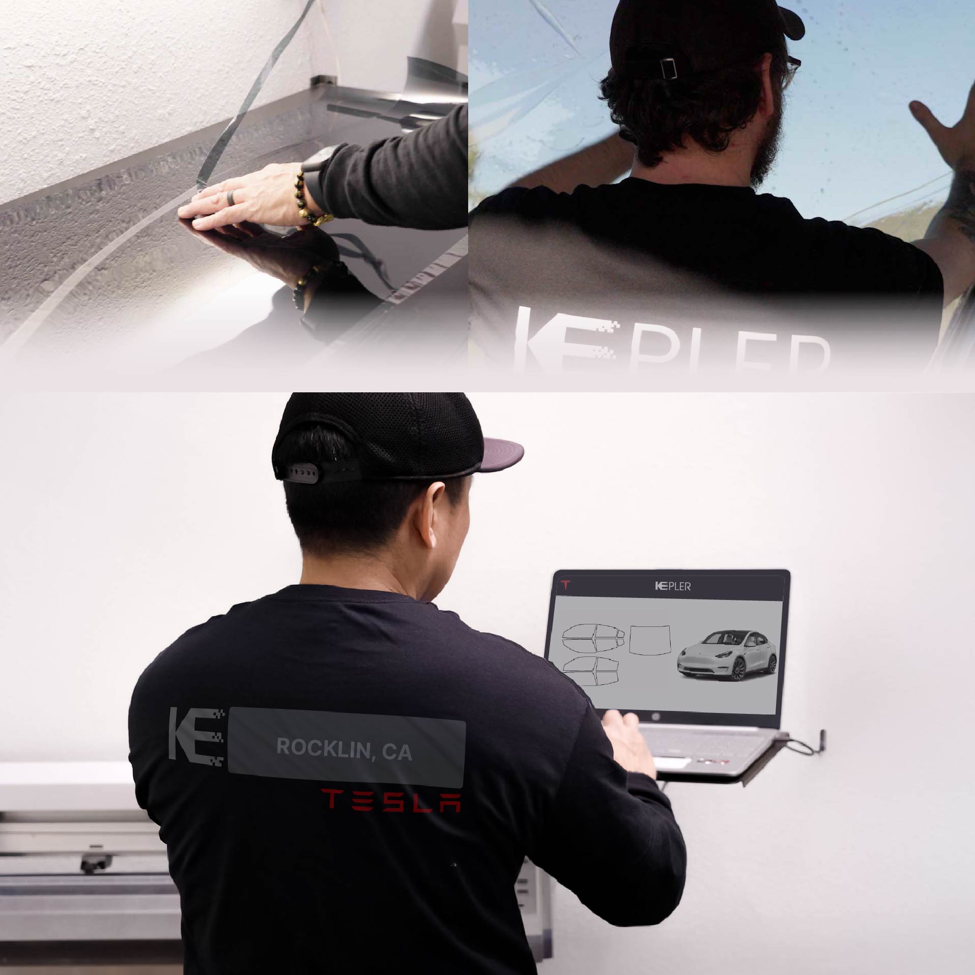 Kepler Technician Applying Ceramic Window Tint to Tesla in Rocklin