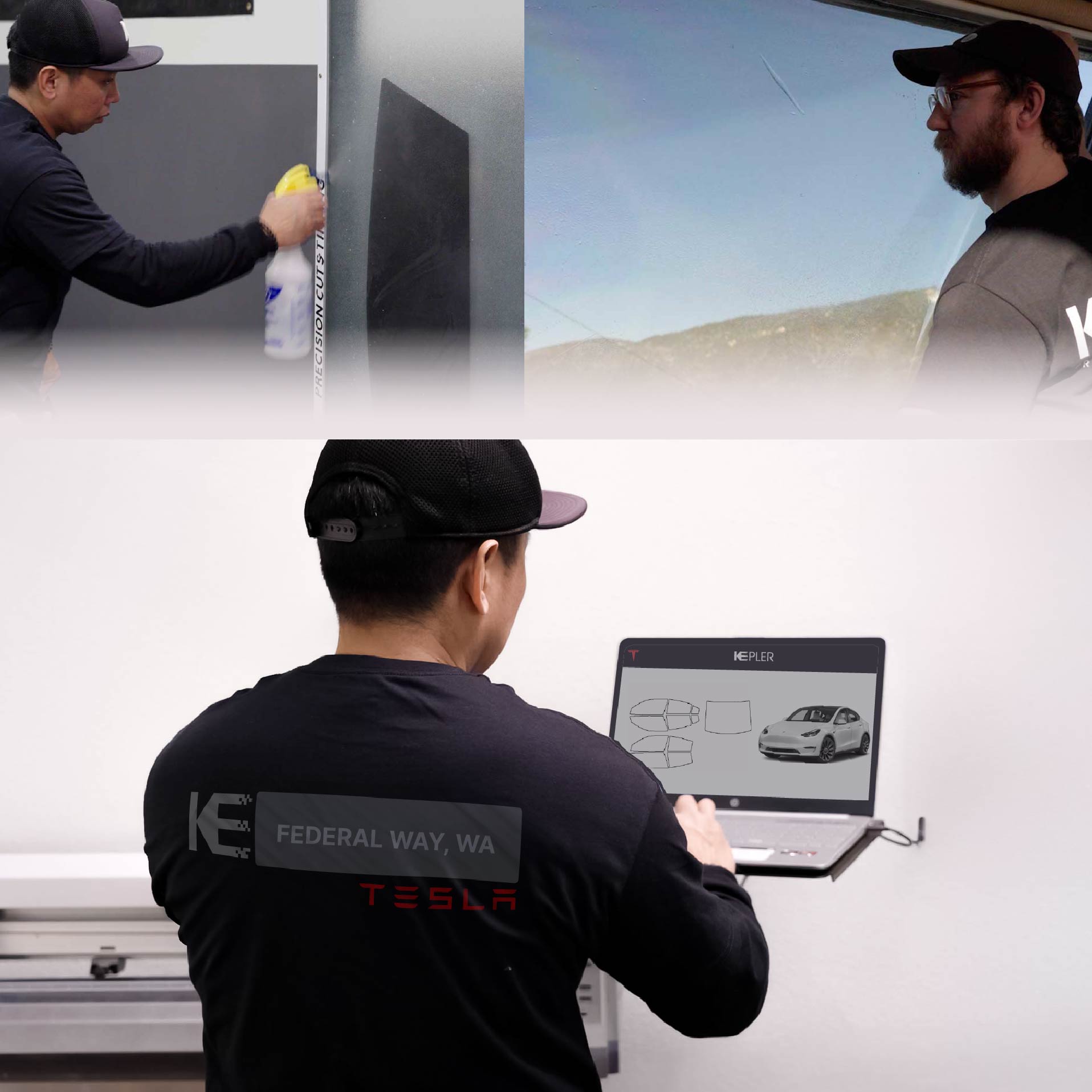 Kepler Technician Fitting Ceramic Window Tint to Tesla in Federal Way
