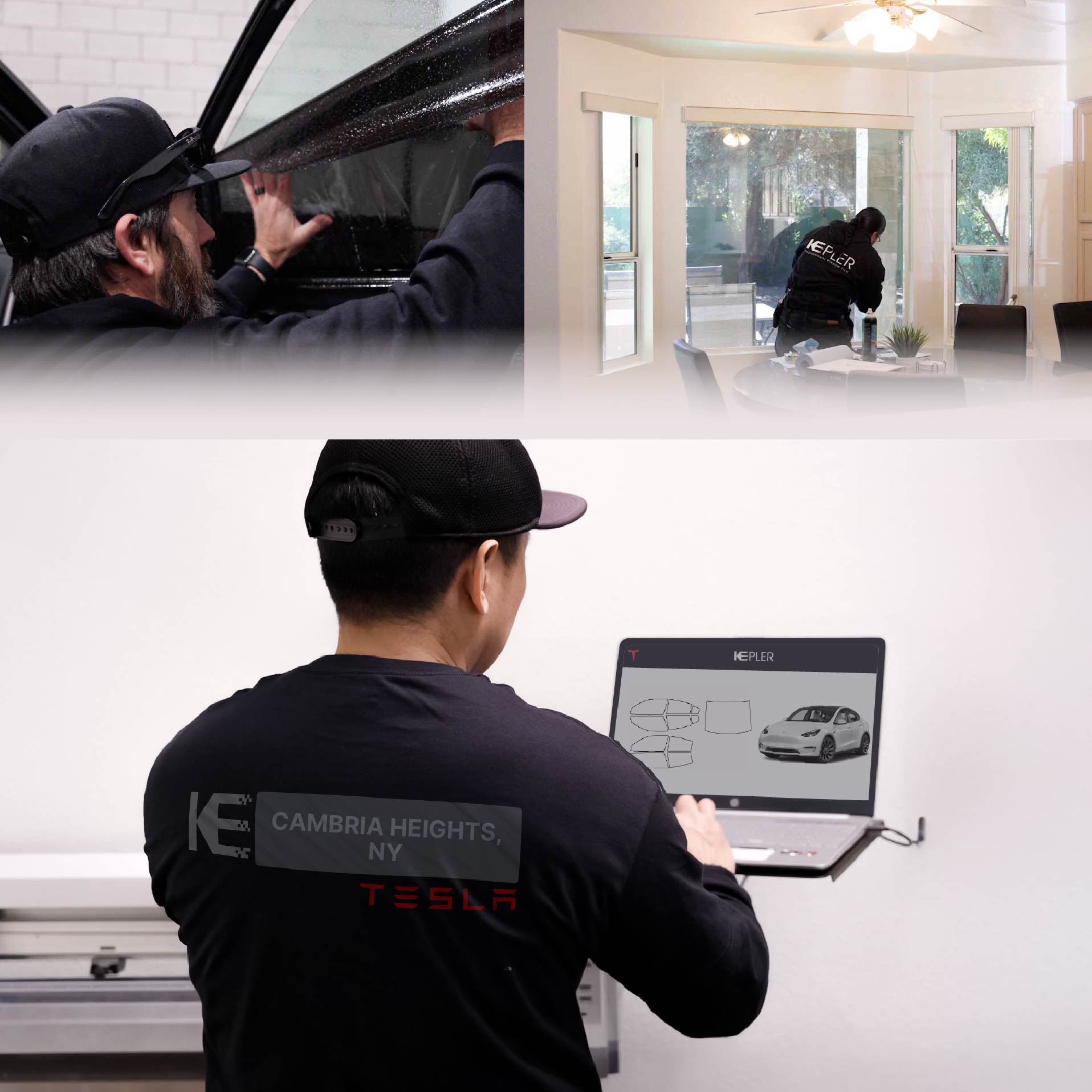 Expert Technician Installing Advanced Window Tint to Tesla in Cambria Heights