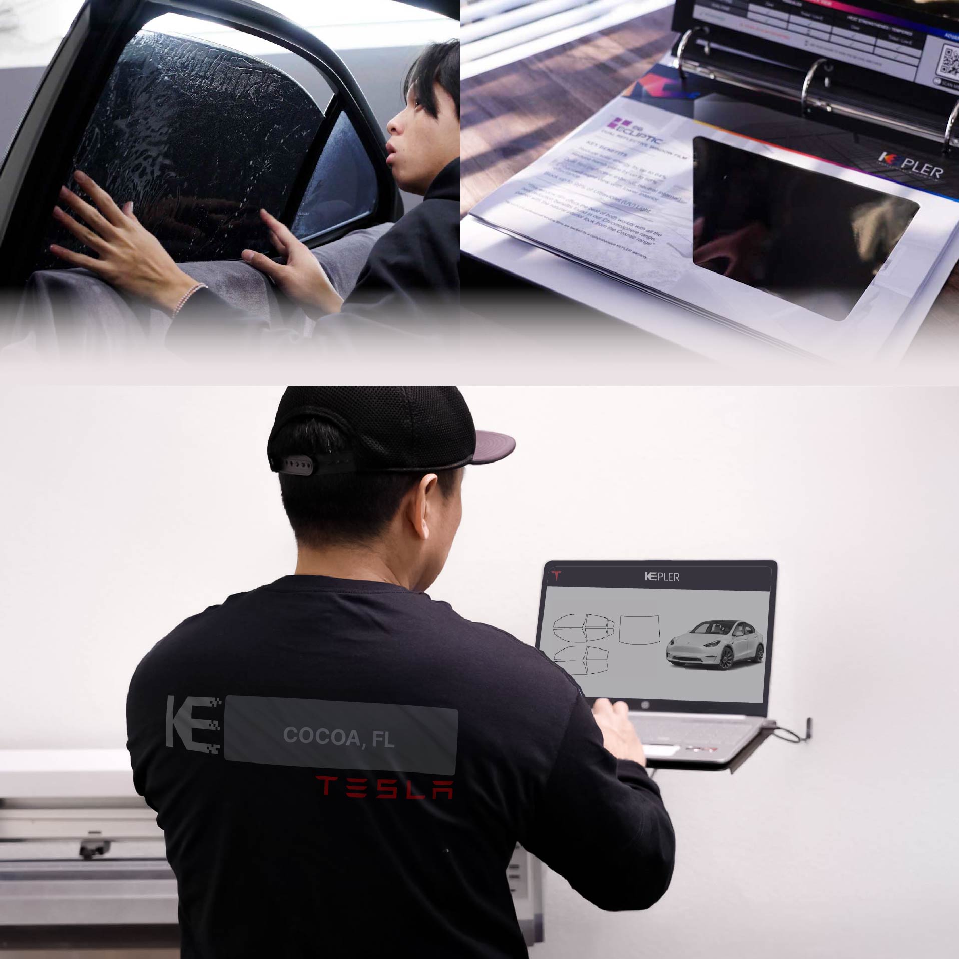 Kepler Technician Applying Ceramic Window Tint to Tesla in Cocoa