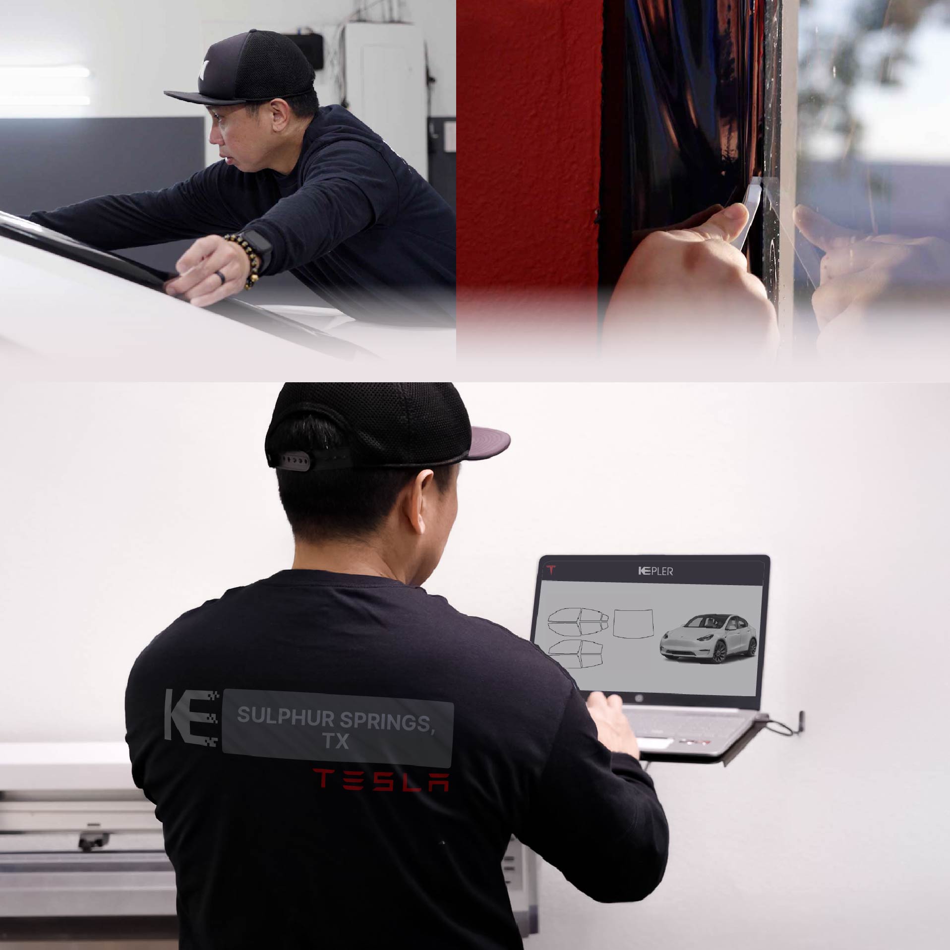 Expert Technician Fitting Advanced Window Tint to Tesla in Sulphur Springs