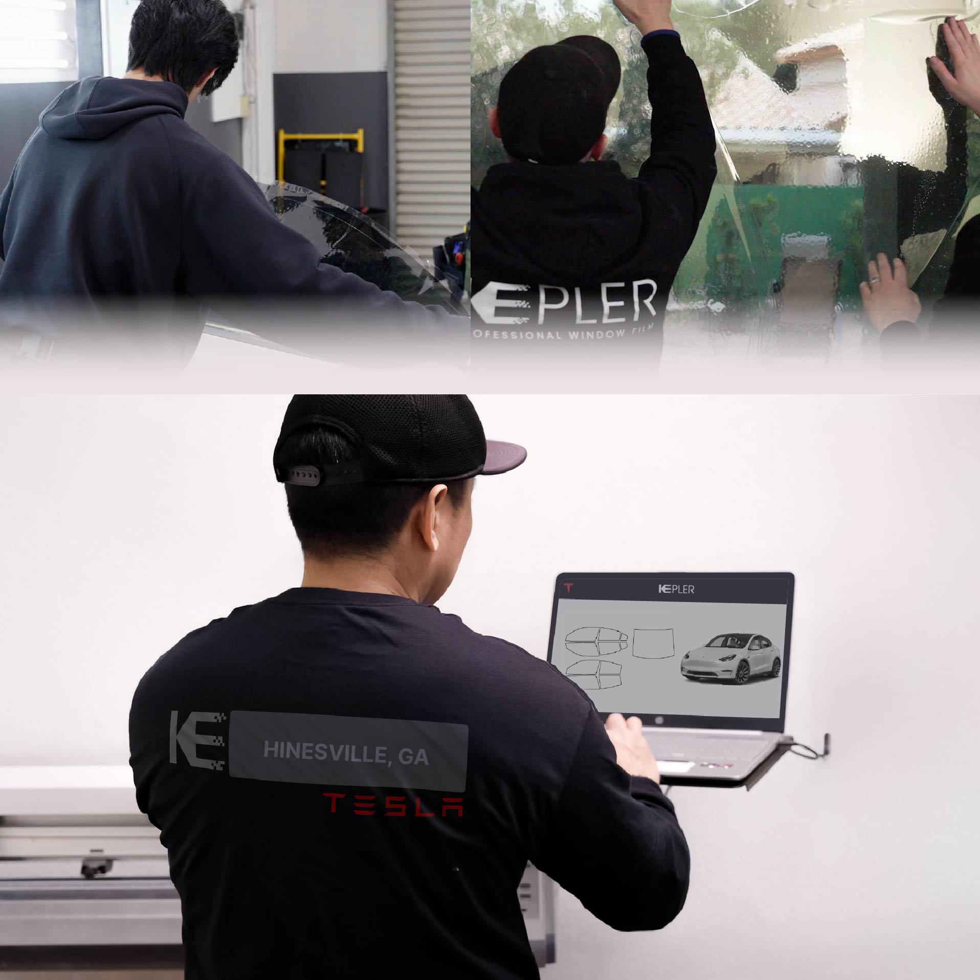 Expert Technician Applying High-tech Window Tint to Tesla in Hinesville
