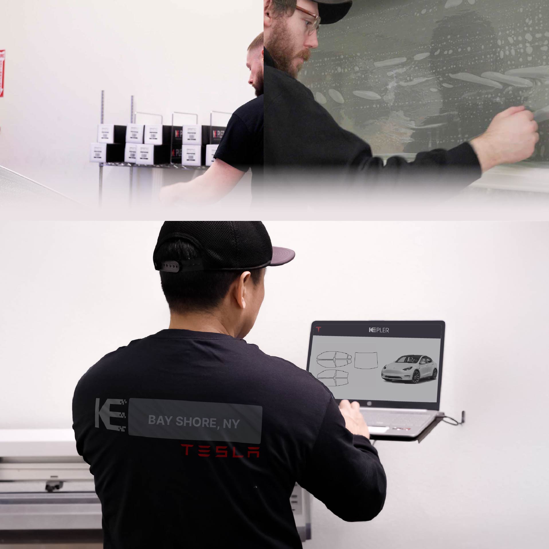 Kepler Technician Fitting Ceramic Window Tint to Tesla in Bay Shore