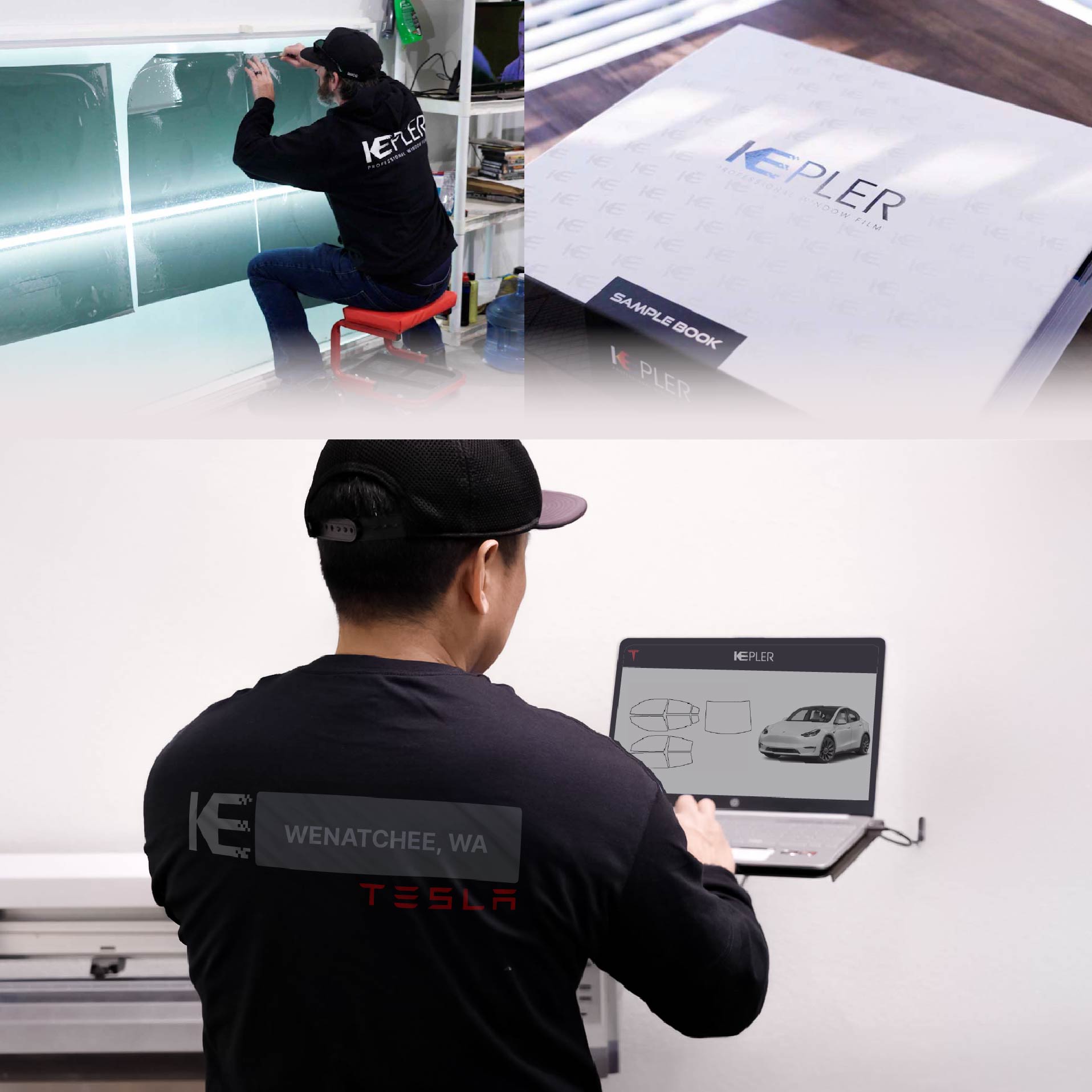 Expert Technician Fitting Ceramic Window Tint to Tesla in Wenatchee