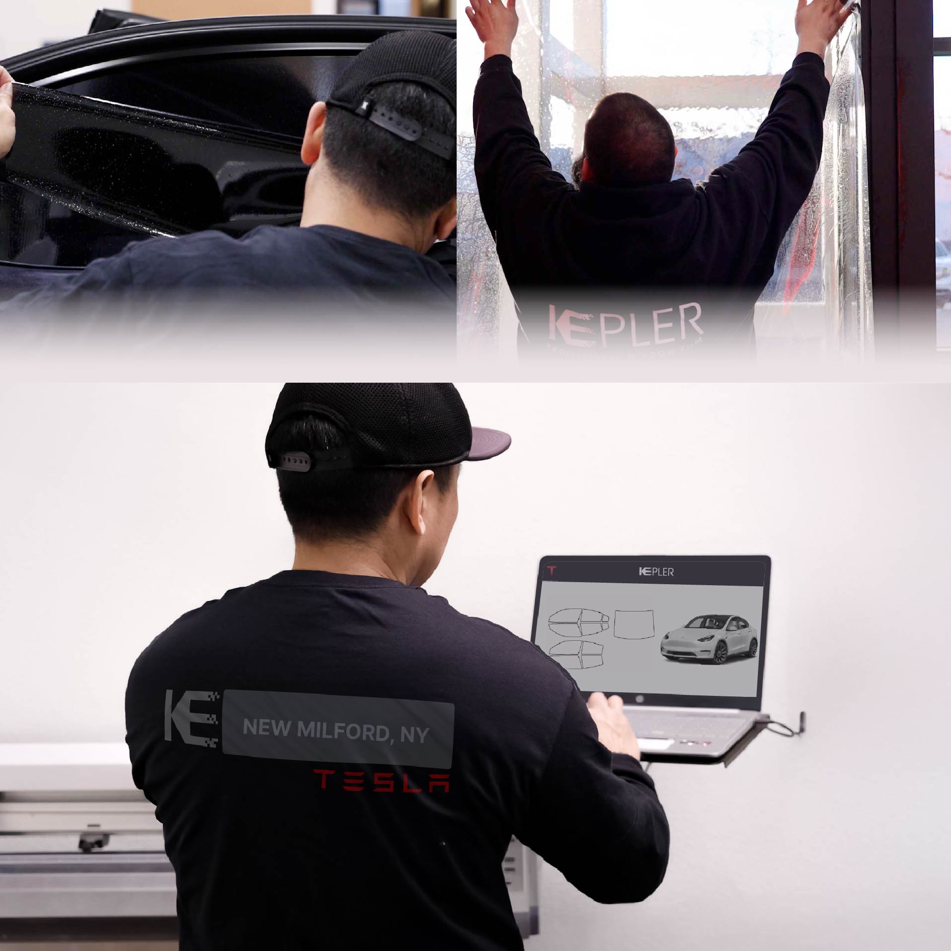 Kepler Technician Applying Ceramic Window Tint to Tesla in New Milford