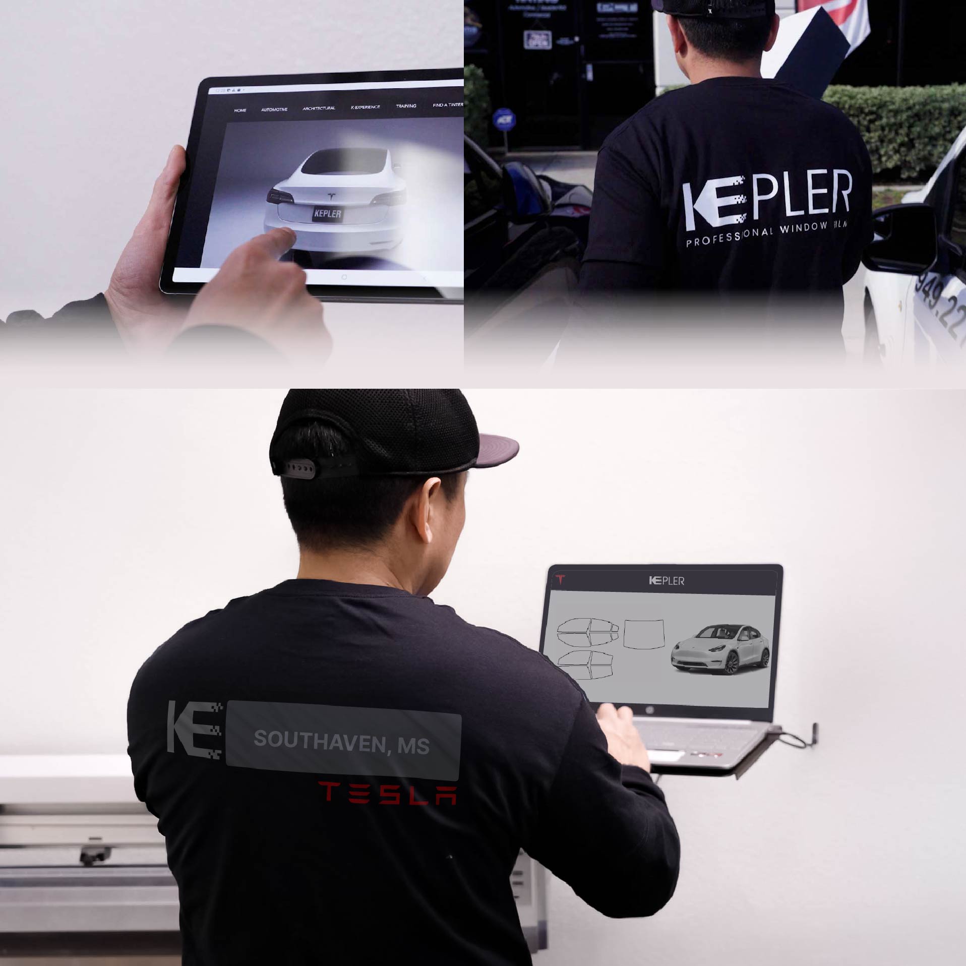 Kepler Technician Applying Ceramic Window Tint to Tesla in Southaven