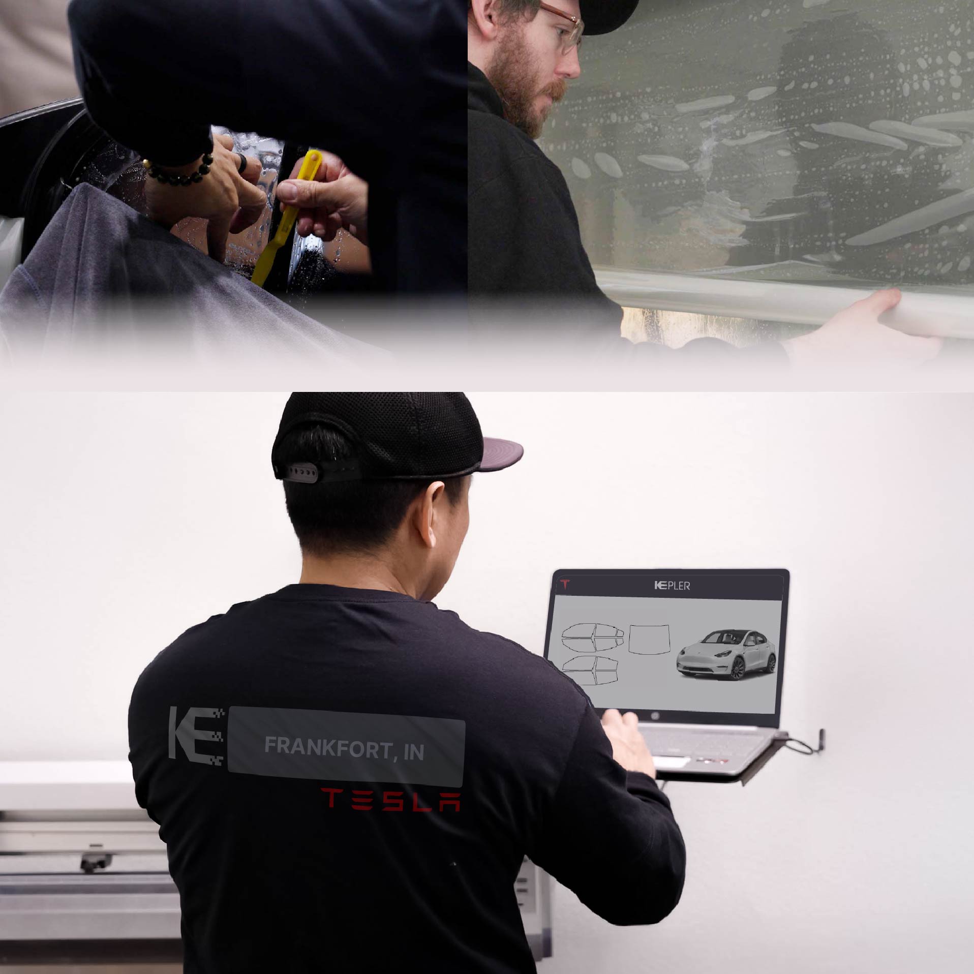 Kepler Technician Installing Advanced Window Tint to Tesla in Frankfort
