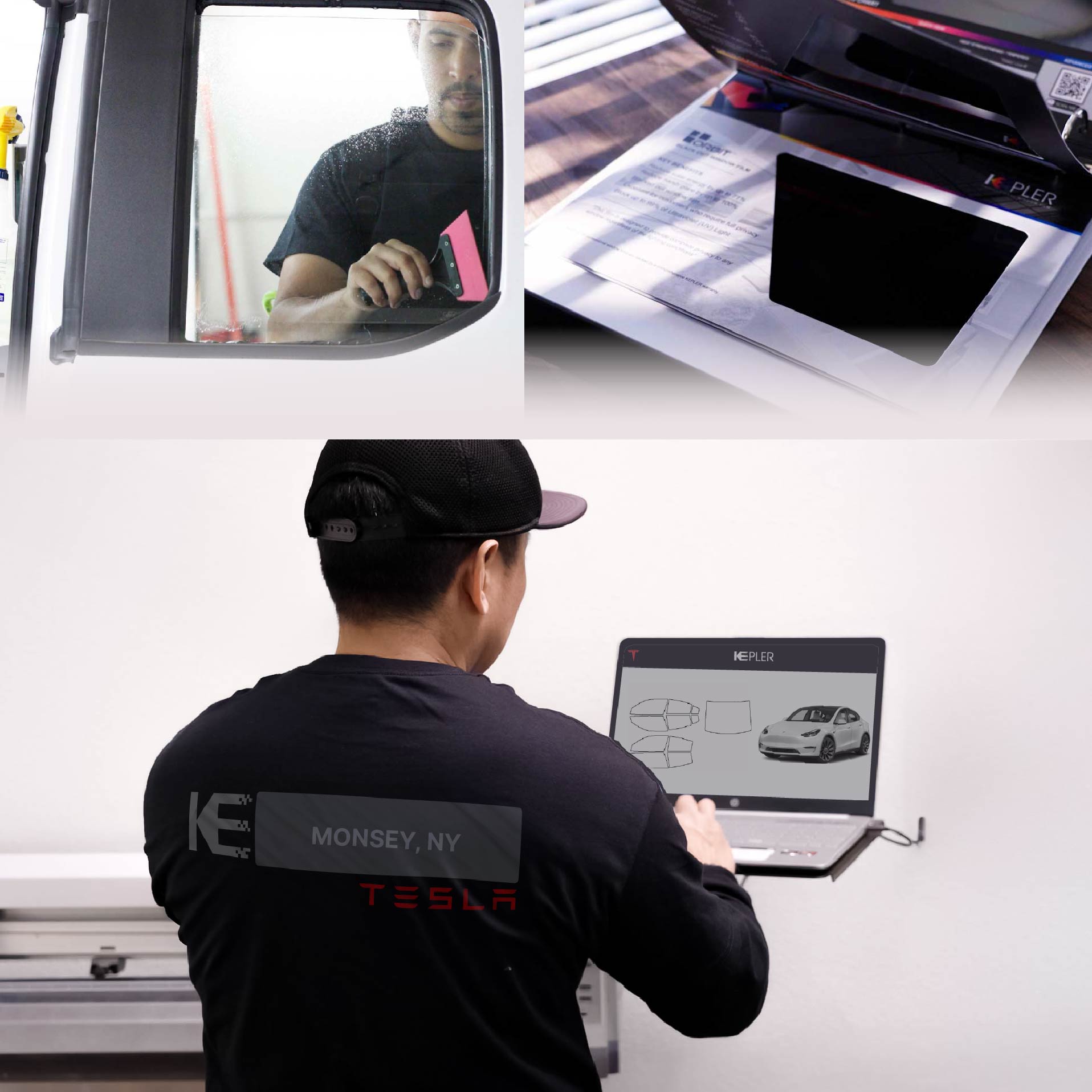 Kepler Technician Applying Advanced Window Tint to Tesla in Monsey