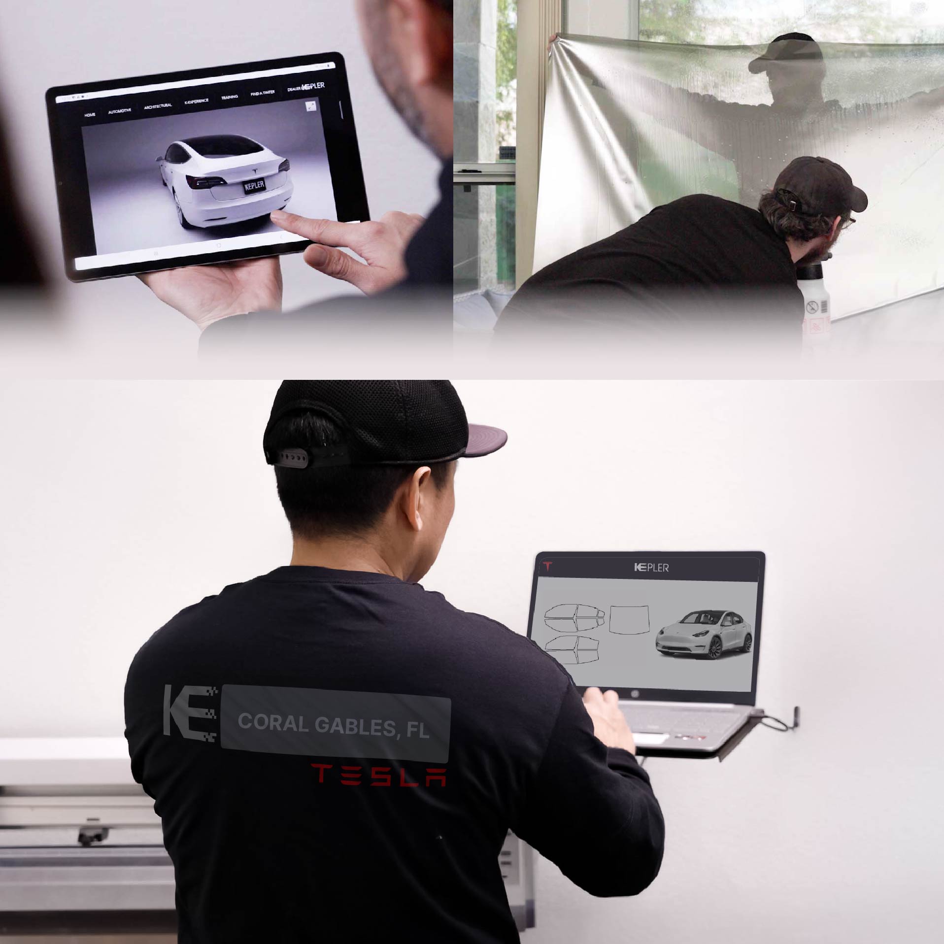 Expert Technician Fitting Advanced Window Tint to Tesla in Coral Gables