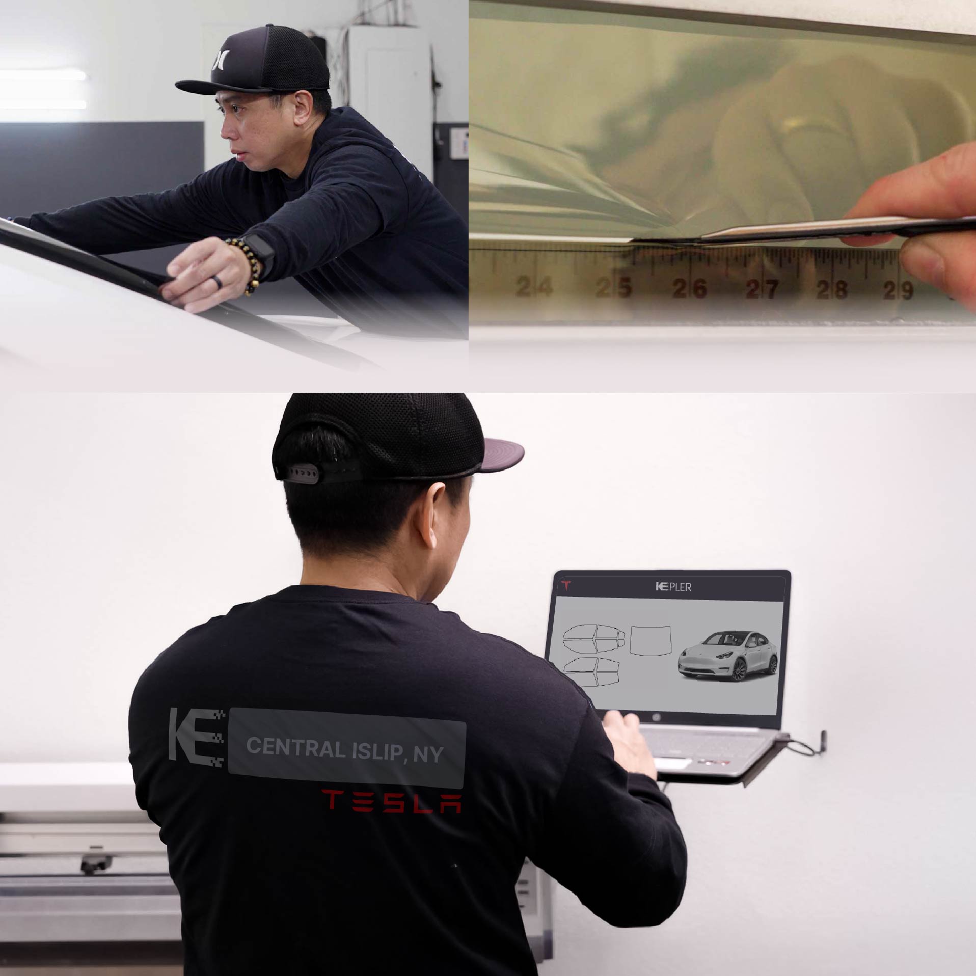 Kepler Technician Fitting High-tech Window Tint to Tesla in Central Islip