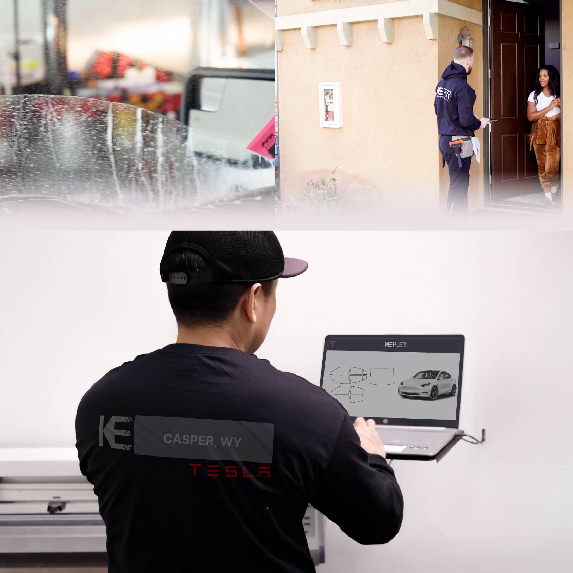 Kepler Technician Installing Ceramic Window Tint to Tesla in Casper