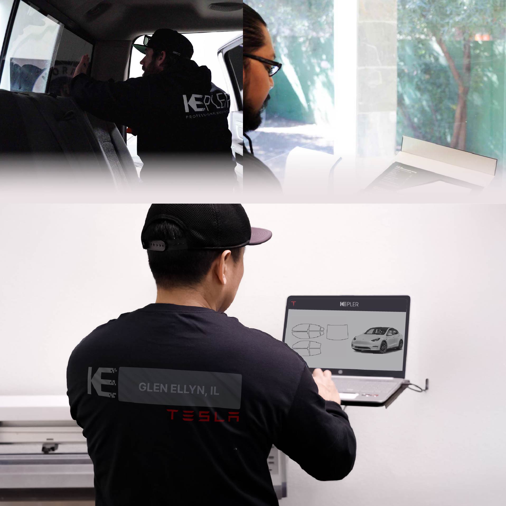 Expert Technician Applying Ceramic Window Tint to Tesla in Glen Ellyn