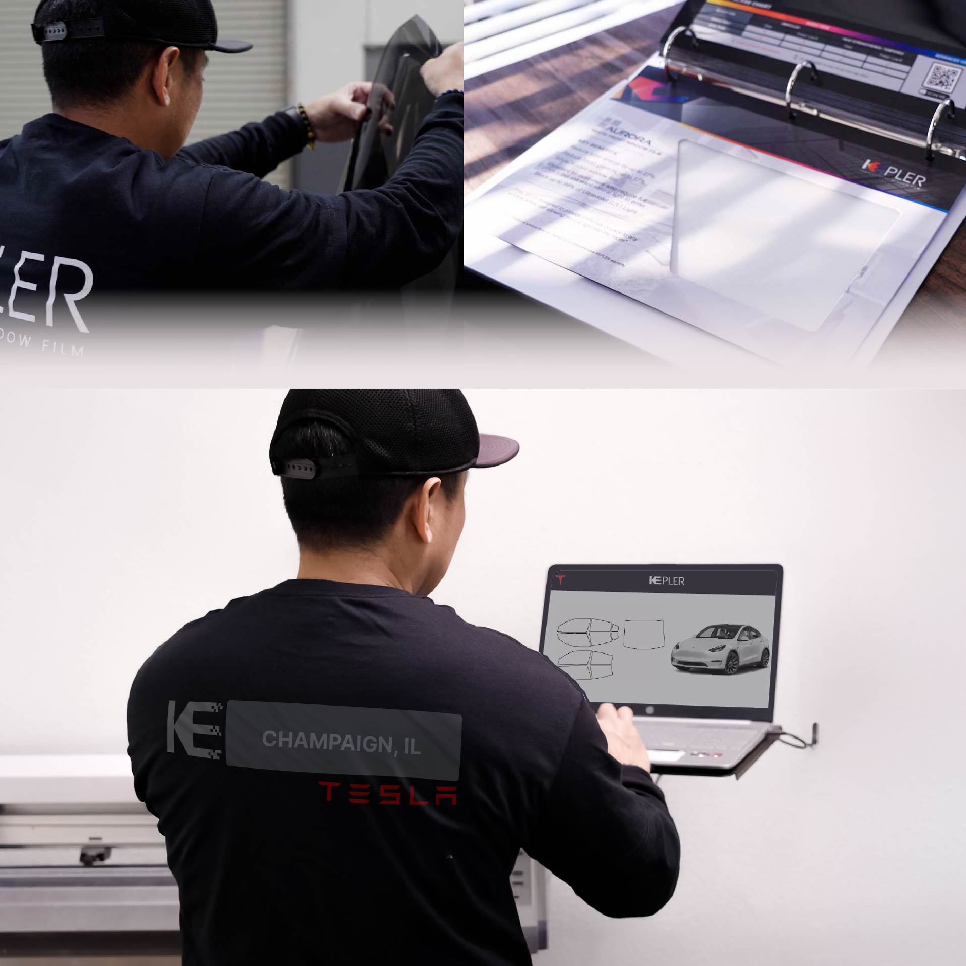 Expert Technician Applying High-tech Window Tint to Tesla in Champaign