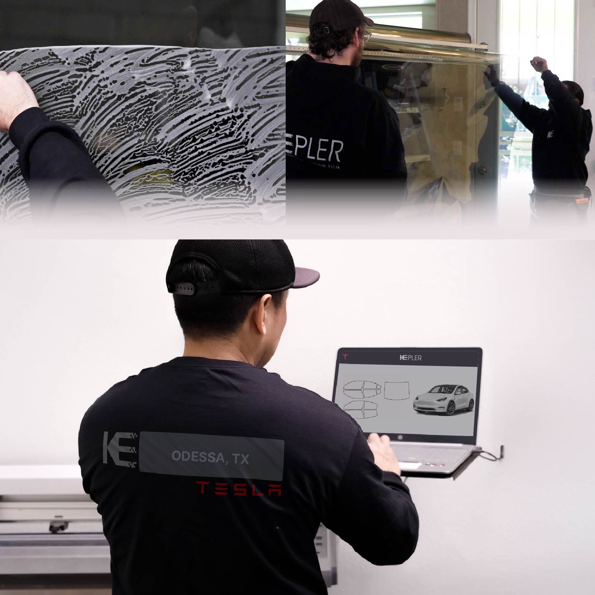 Expert Technician Applying Ceramic Window Tint to Tesla in Odessa