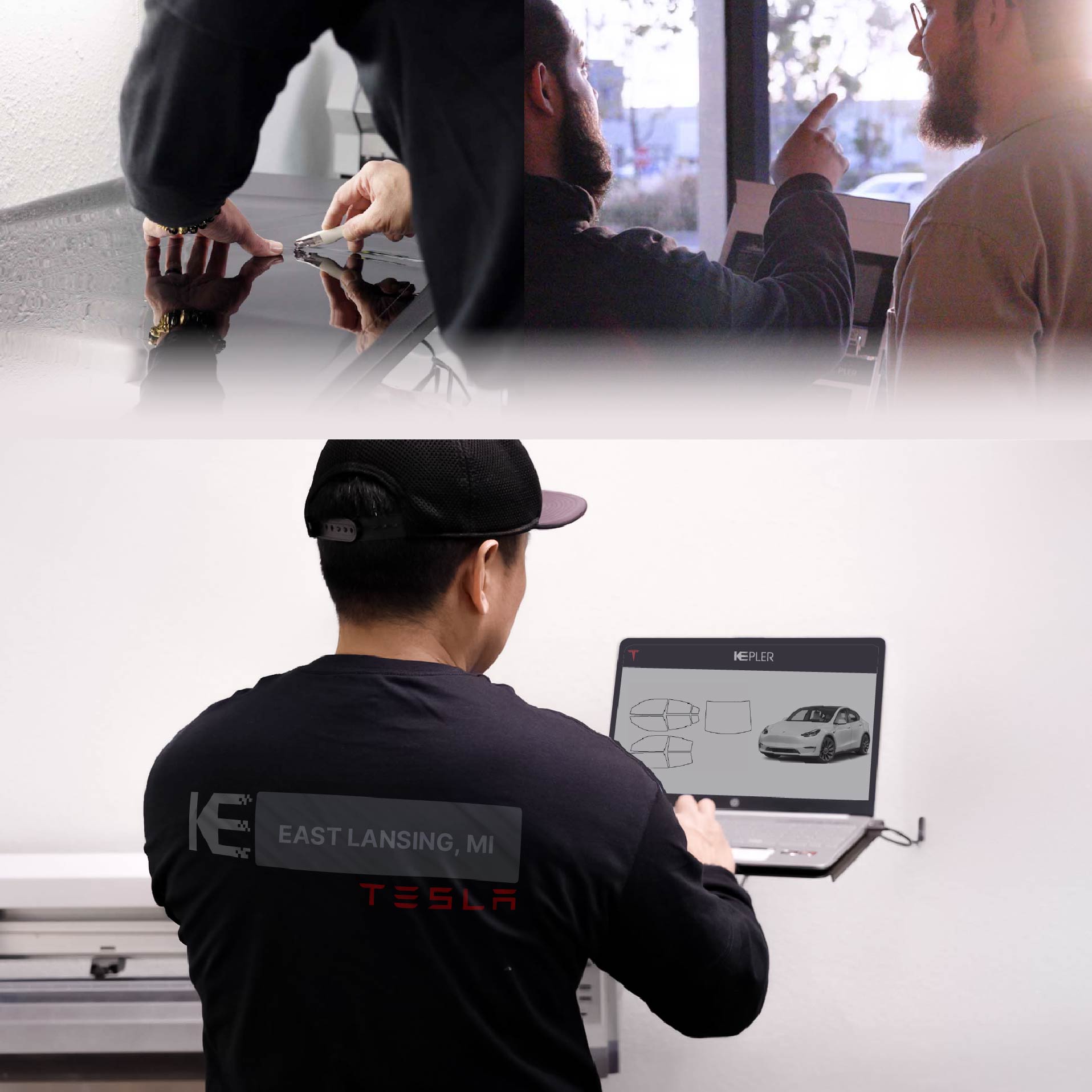 Expert Technician Fitting Ceramic Window Tint to Tesla in East Lansing