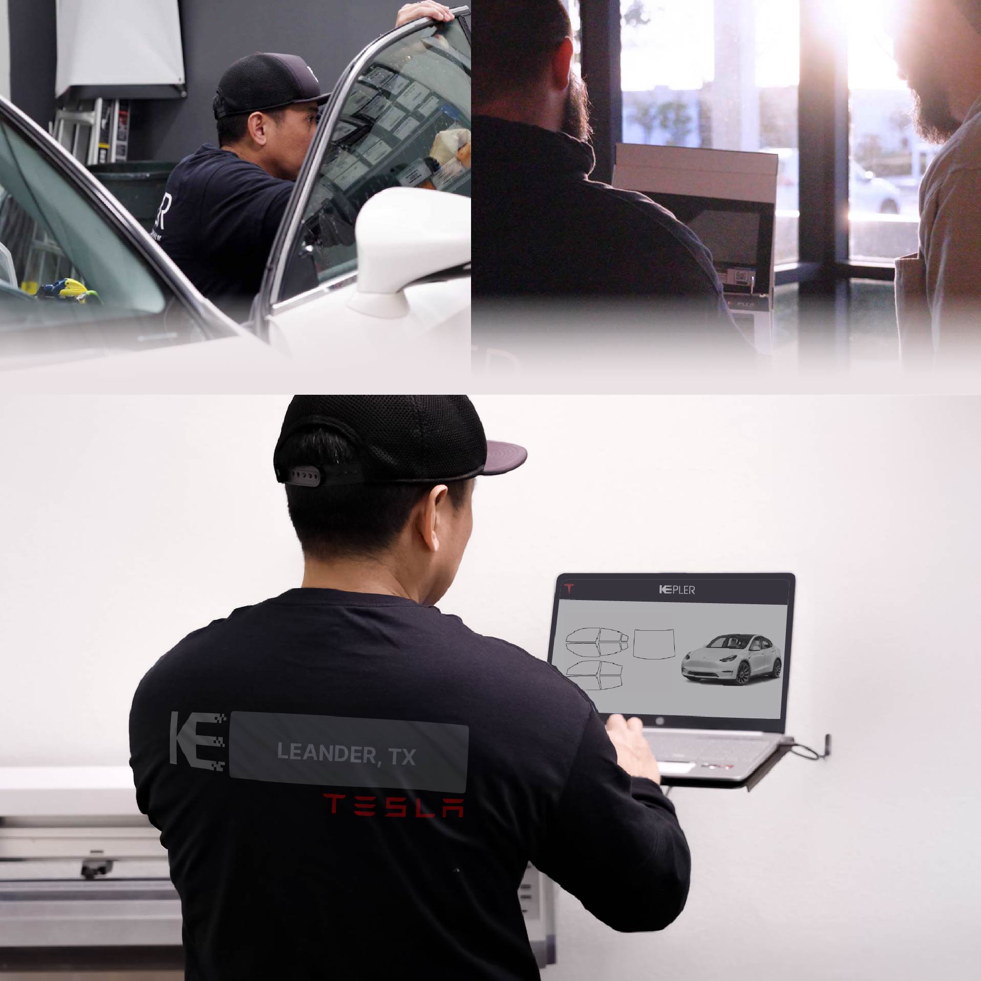 Kepler Technician Fitting Ceramic Window Tint to Tesla in Leander
