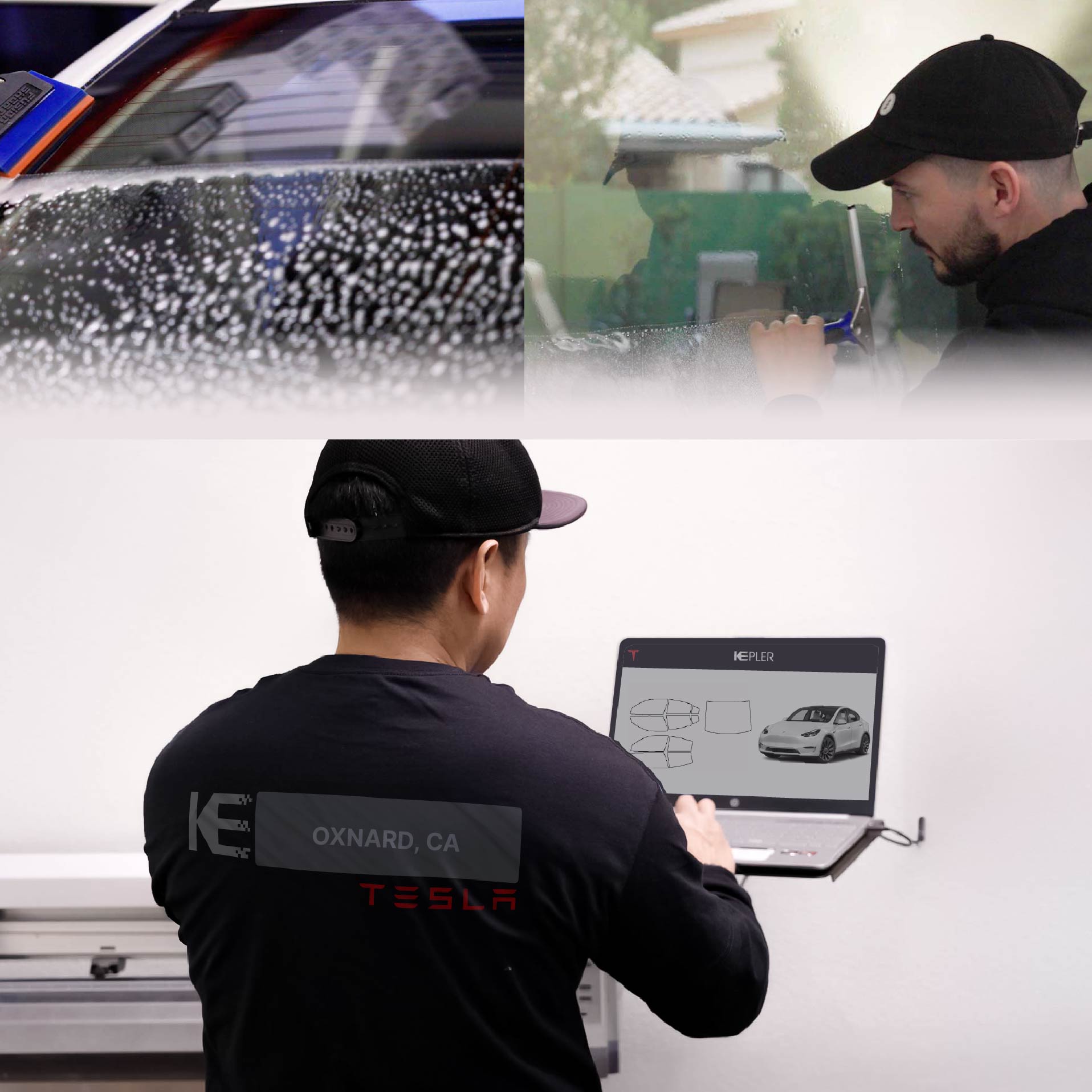 Kepler Technician Installing Ceramic Window Tint to Tesla in Oxnard
