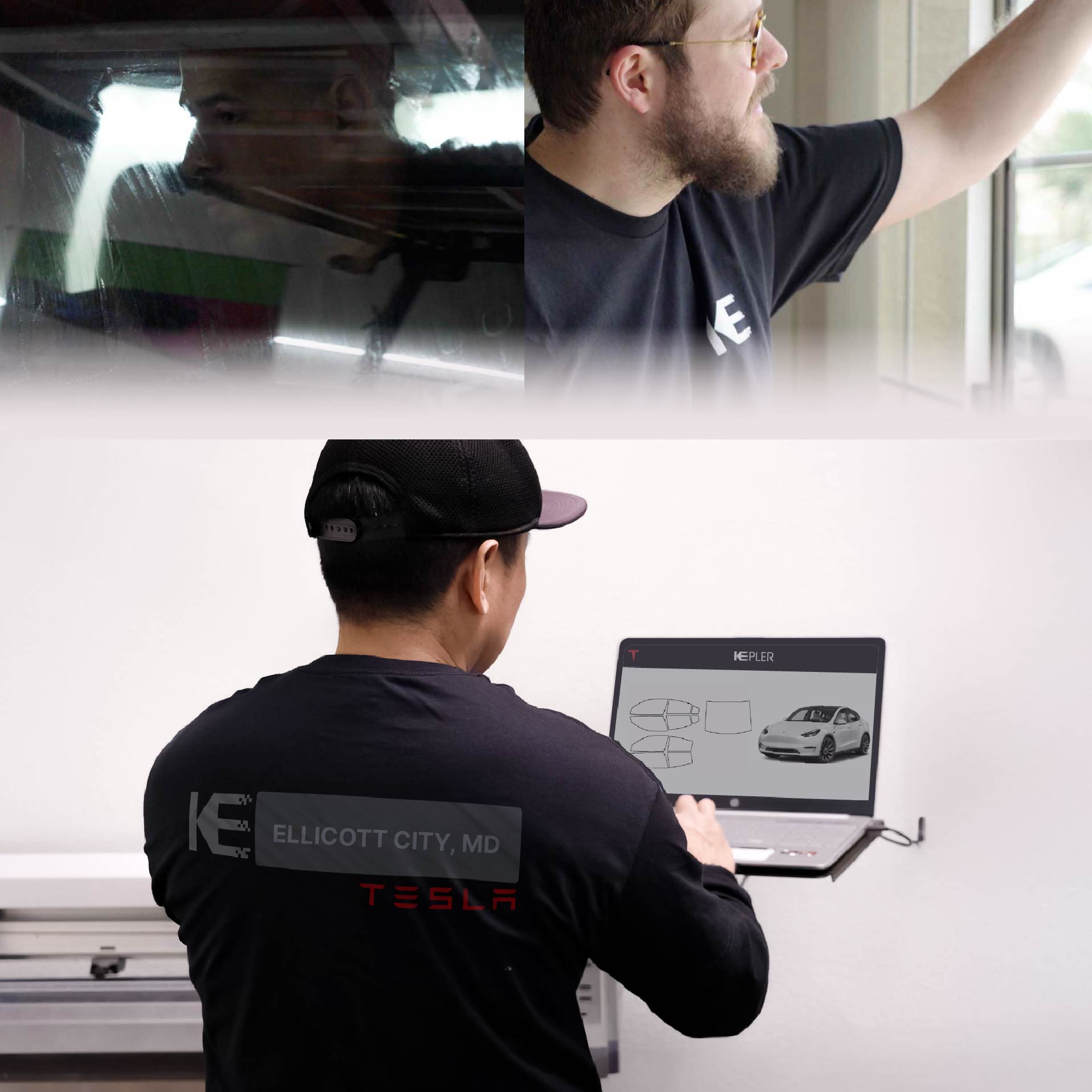 Expert Technician Fitting Ceramic Window Tint to Tesla in Ellicott City