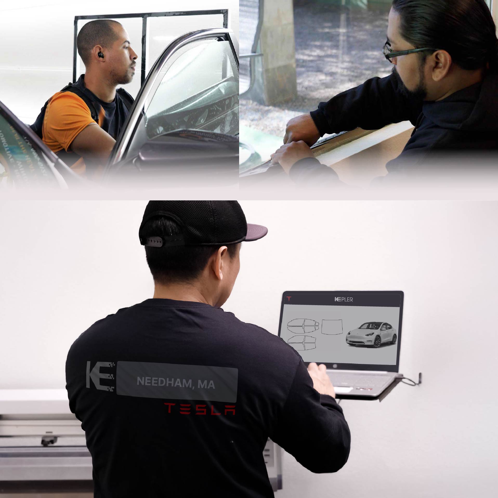 Kepler Technician Installing Ceramic Window Tint to Tesla in Needham