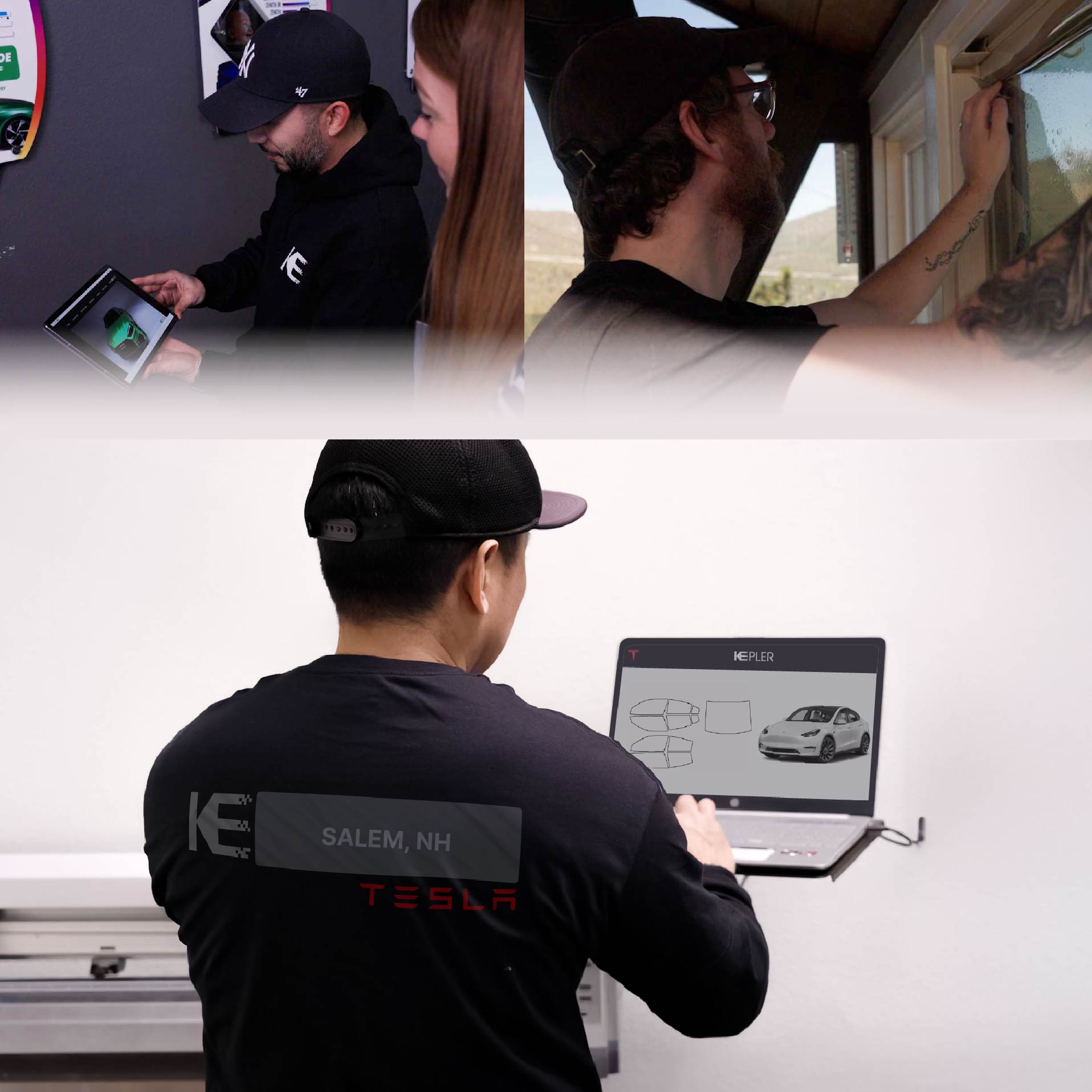 Expert Technician Installing Advanced Window Tint to Tesla in Salem