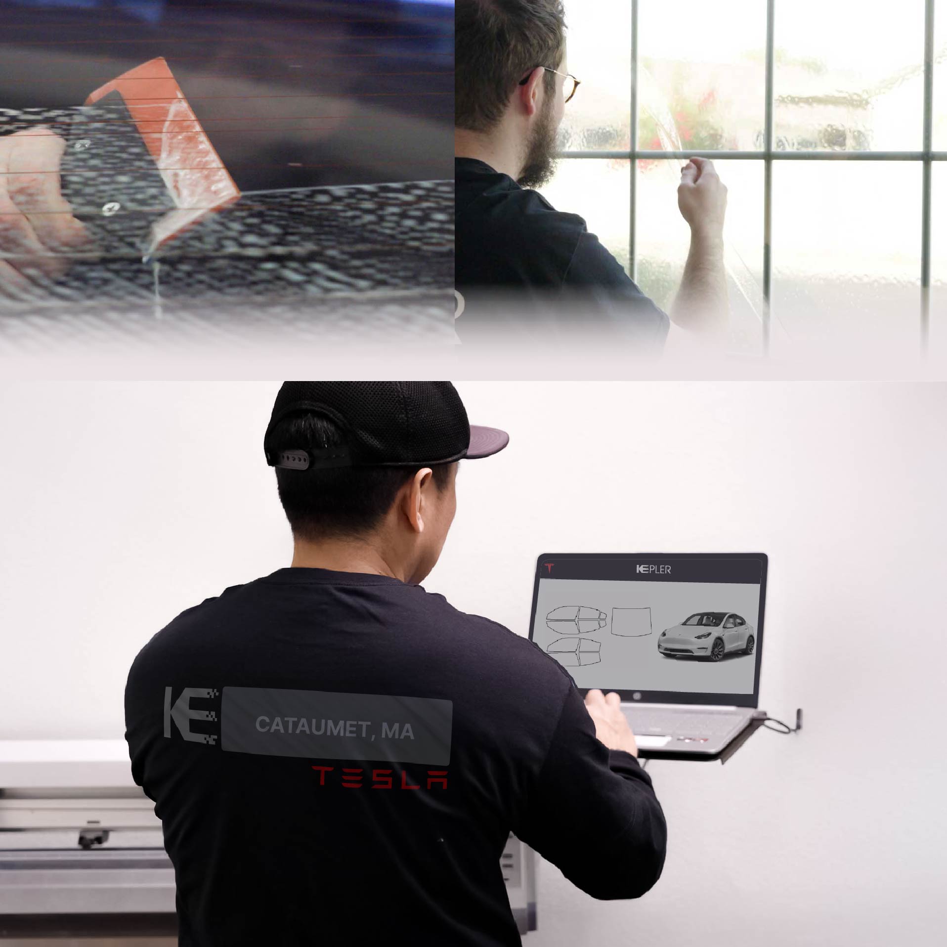 Expert Technician Installing High-tech Window Tint to Tesla in Cataumet