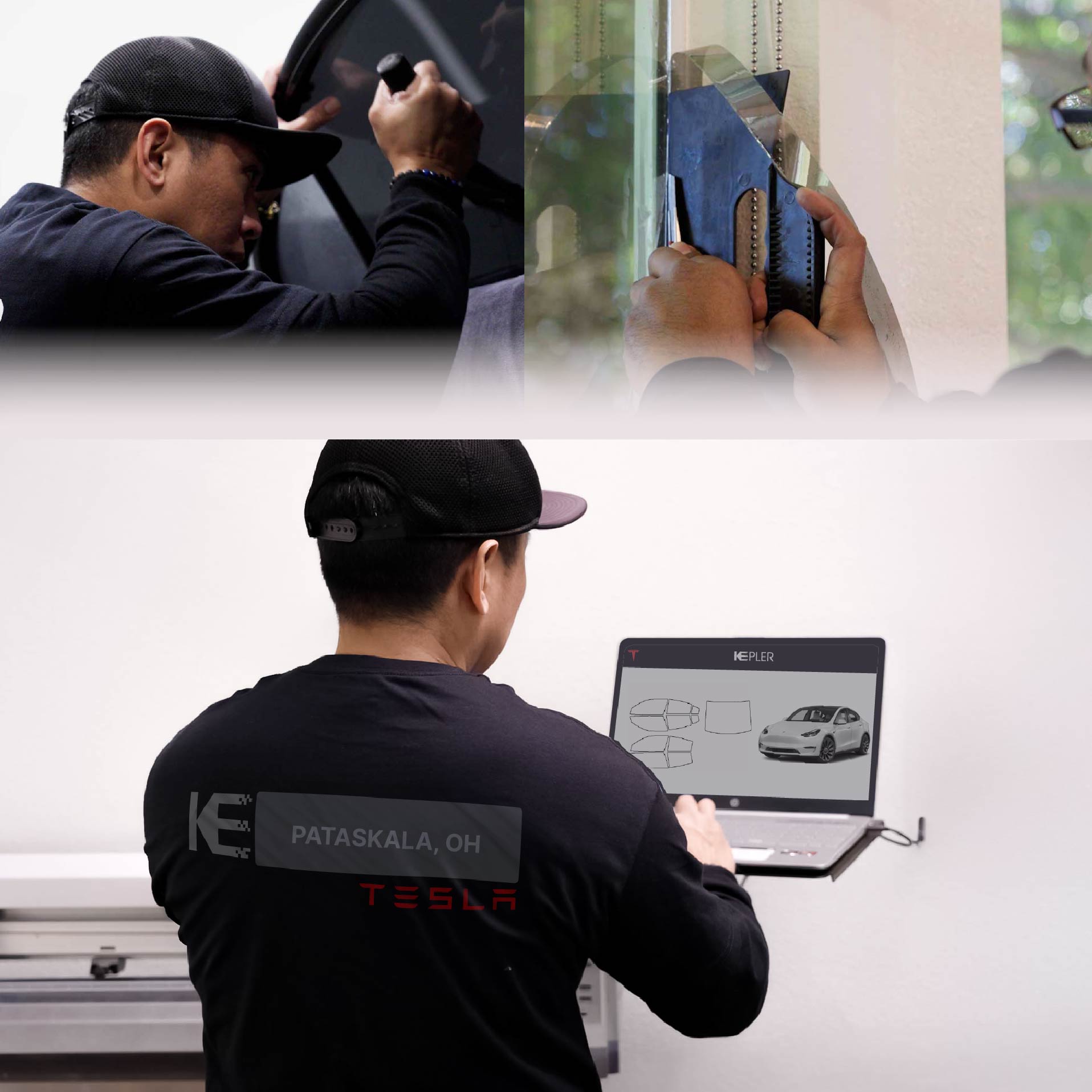 Kepler Technician Applying Ceramic Window Tint to Tesla in Pataskala