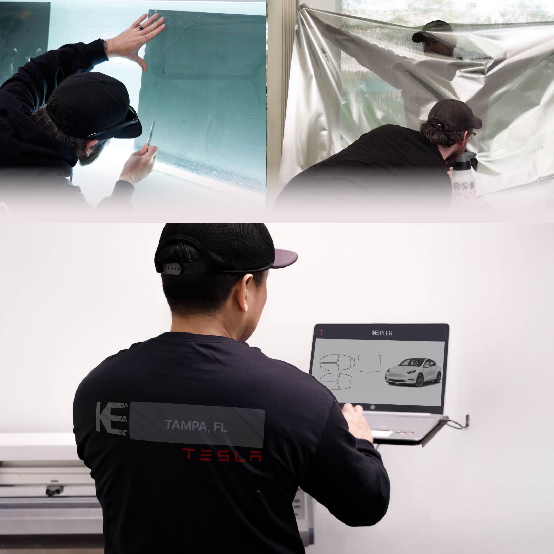 Expert Technician Fitting Advanced Window Tint to Tesla in Tampa