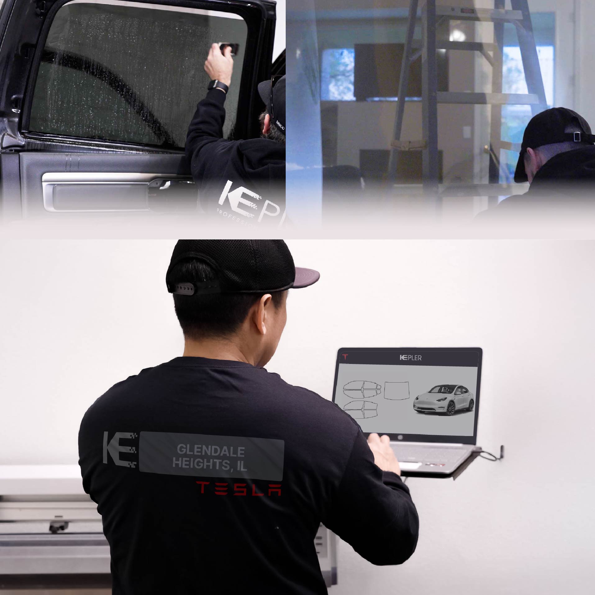 Expert Technician Applying Ceramic Window Tint to Tesla in Glendale Heights
