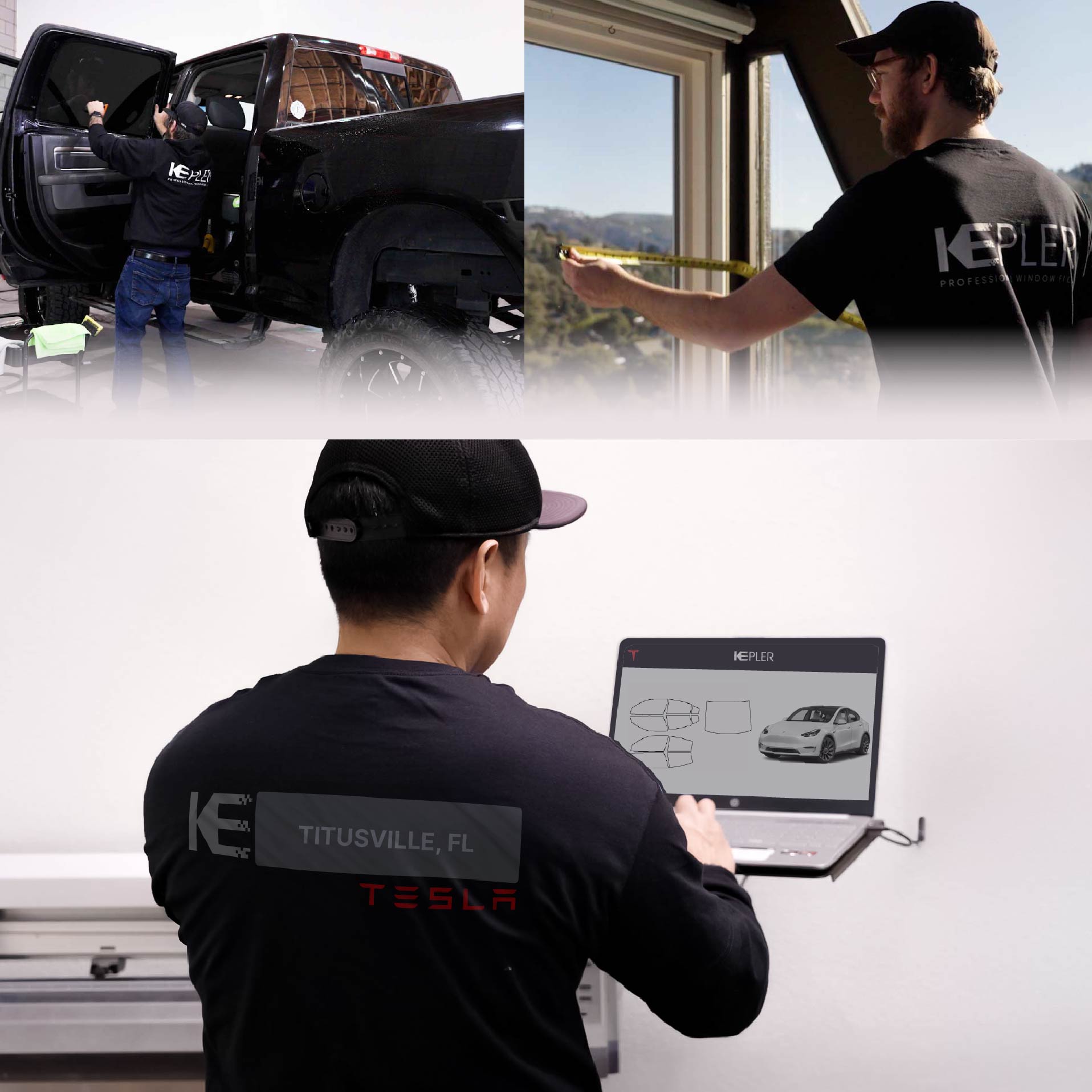 Kepler Technician Fitting Advanced Window Tint to Tesla in Titusville