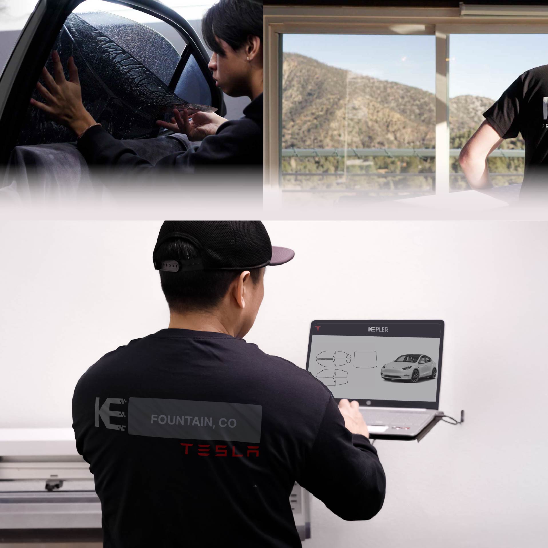 Kepler Technician Fitting High-tech Window Tint to Tesla in Fountain