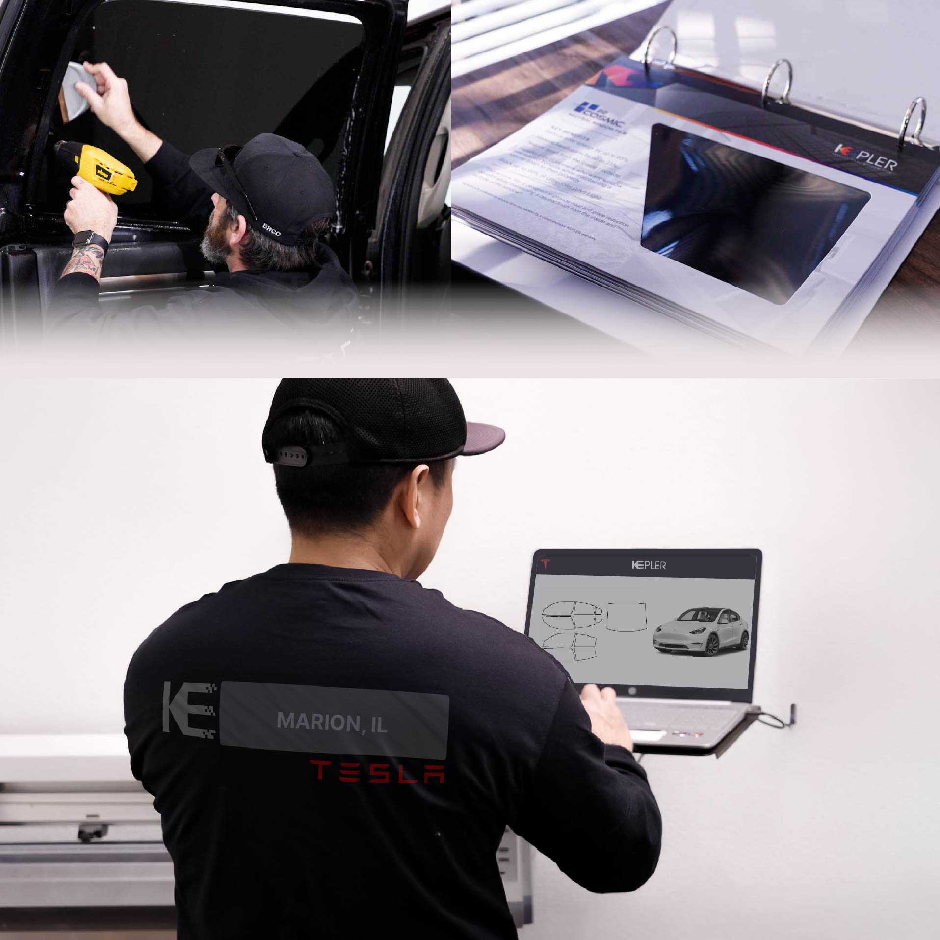 Kepler Technician Fitting Ceramic Window Tint to Tesla in Marion