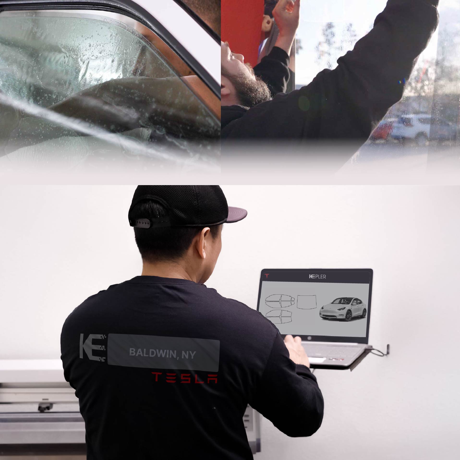 Expert Technician Fitting Advanced Window Tint to Tesla in Baldwin