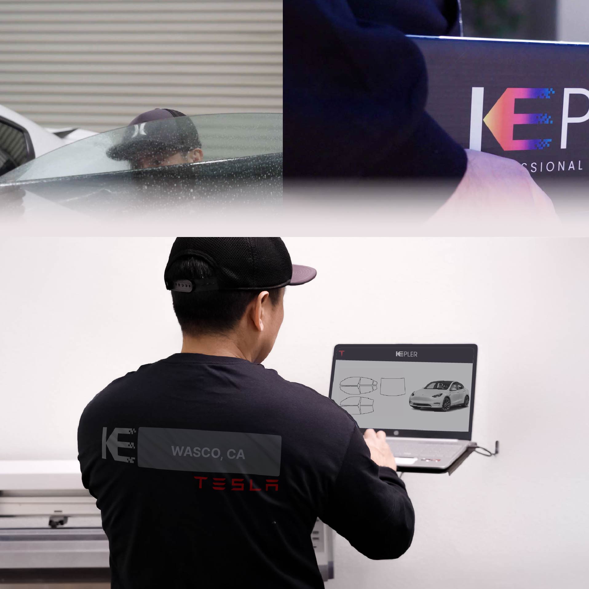 Kepler Technician Fitting Advanced Window Tint to Tesla in Wasco