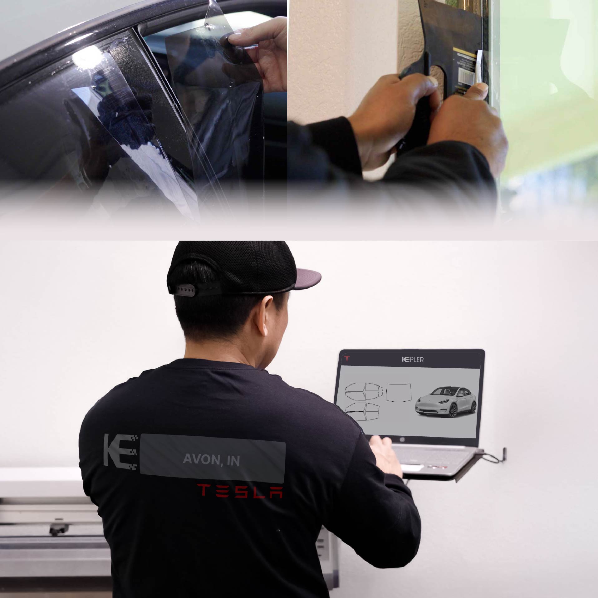 Kepler Technician Installing High-tech Window Tint to Tesla in Avon