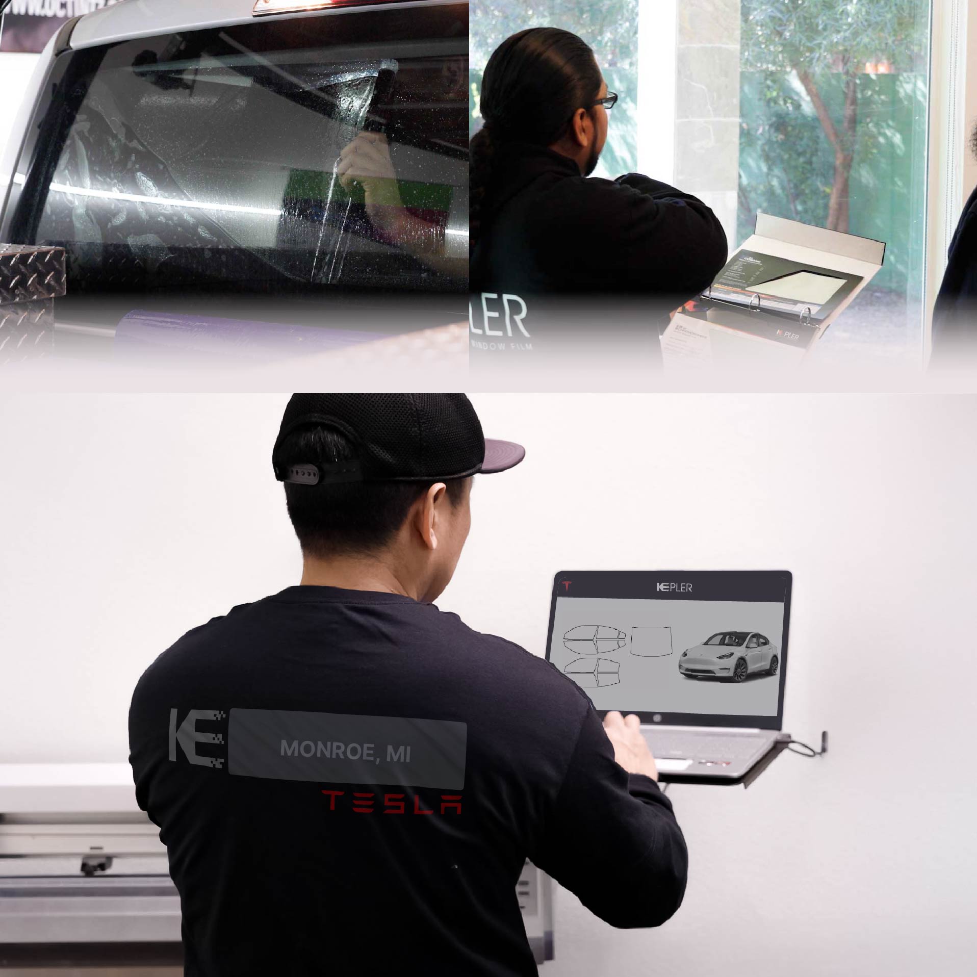 Expert Technician Fitting Advanced Window Tint to Tesla in Monroe