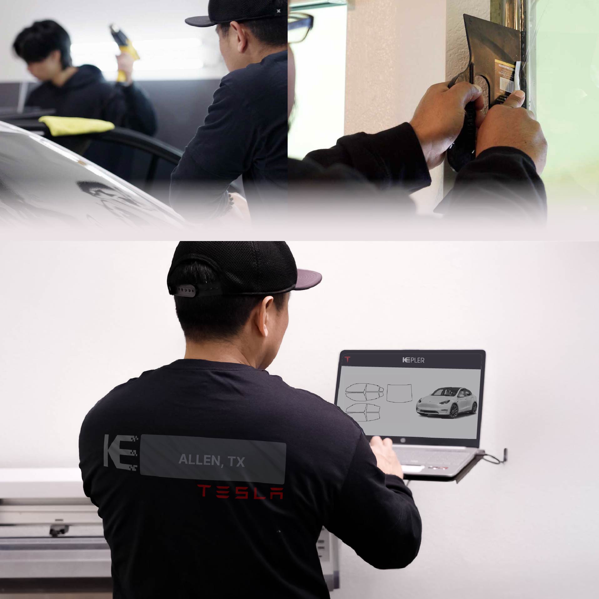 Expert Technician Installing Ceramic Window Tint to Tesla in Allen