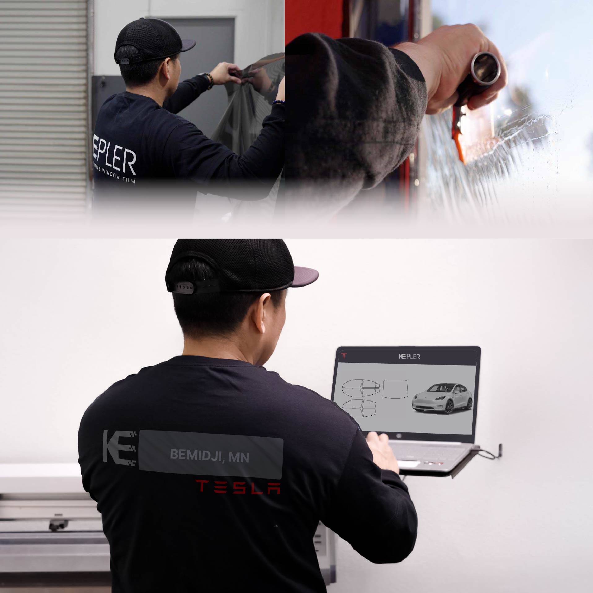 Kepler Technician Fitting Ceramic Window Tint to Tesla in Bemidji