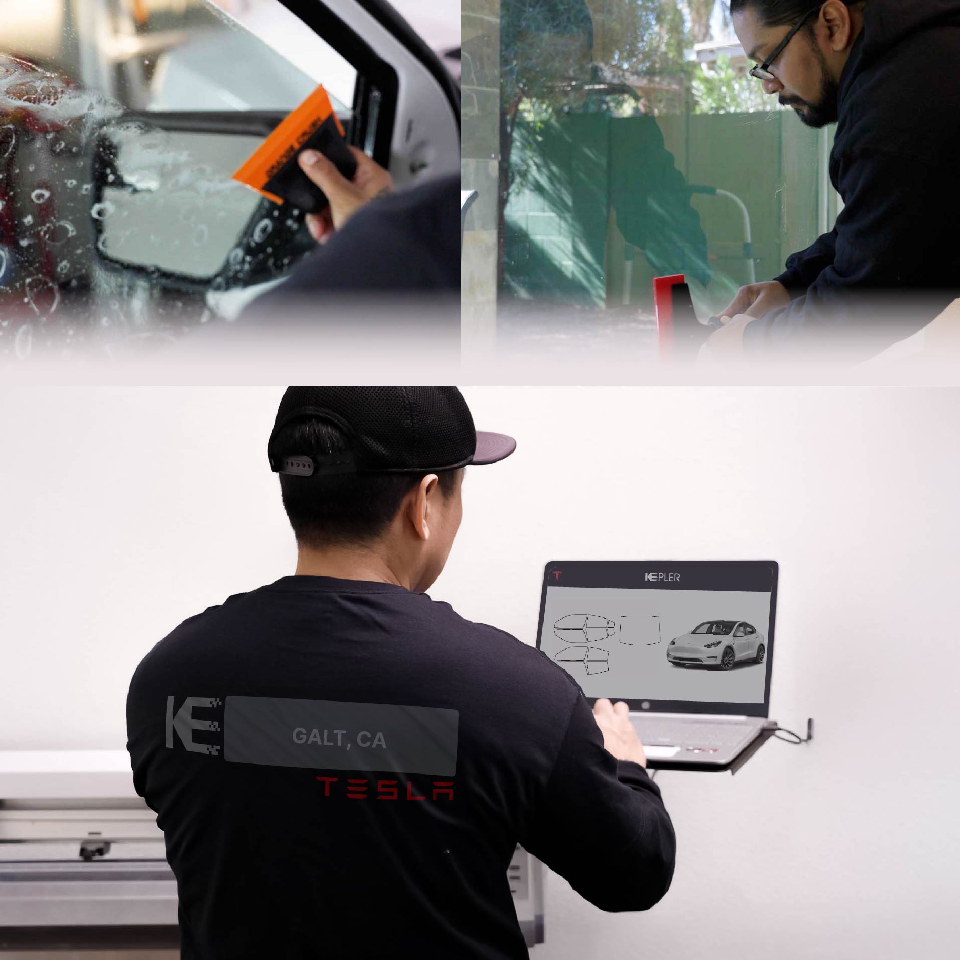Expert Technician Applying Advanced Window Tint to Tesla in Galt