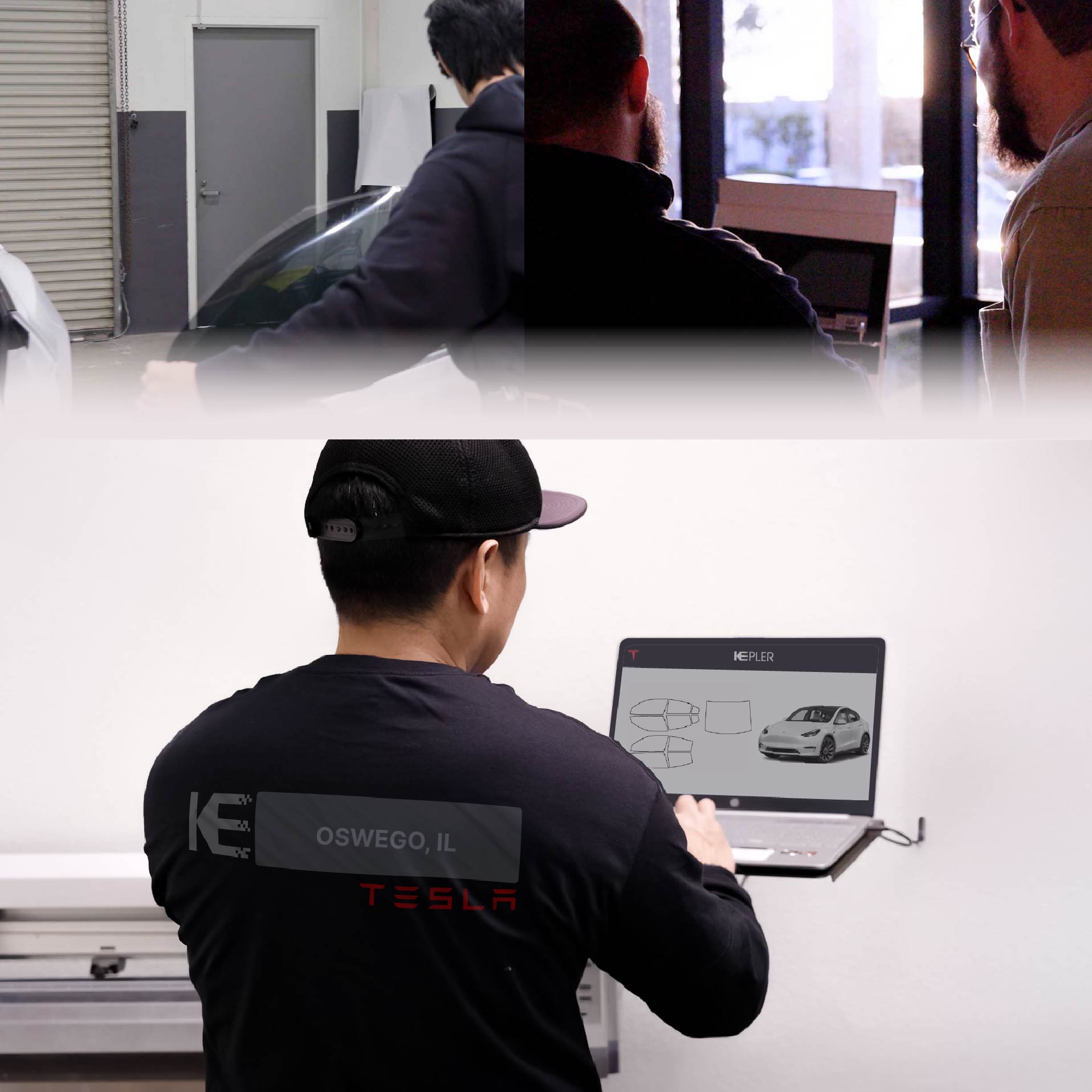 Expert Technician Applying High-tech Window Tint to Tesla in Oswego