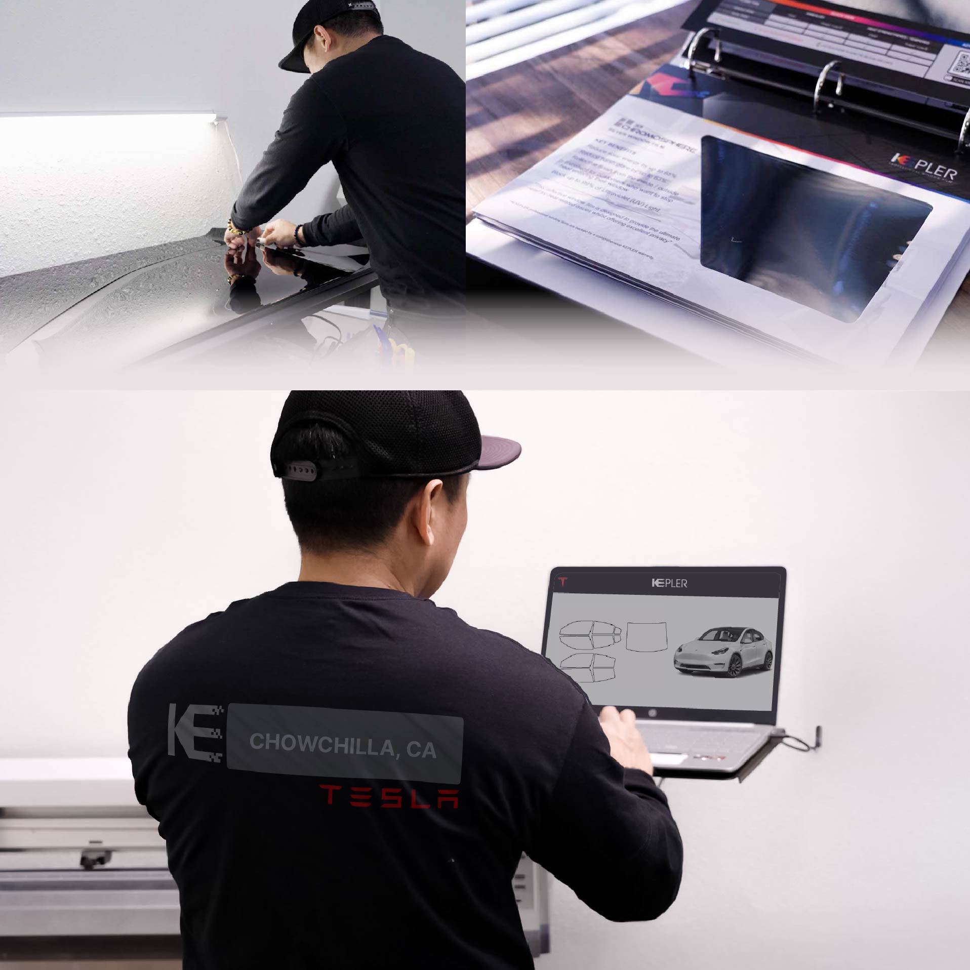Kepler Technician Installing Advanced Window Tint to Tesla in Chowchilla