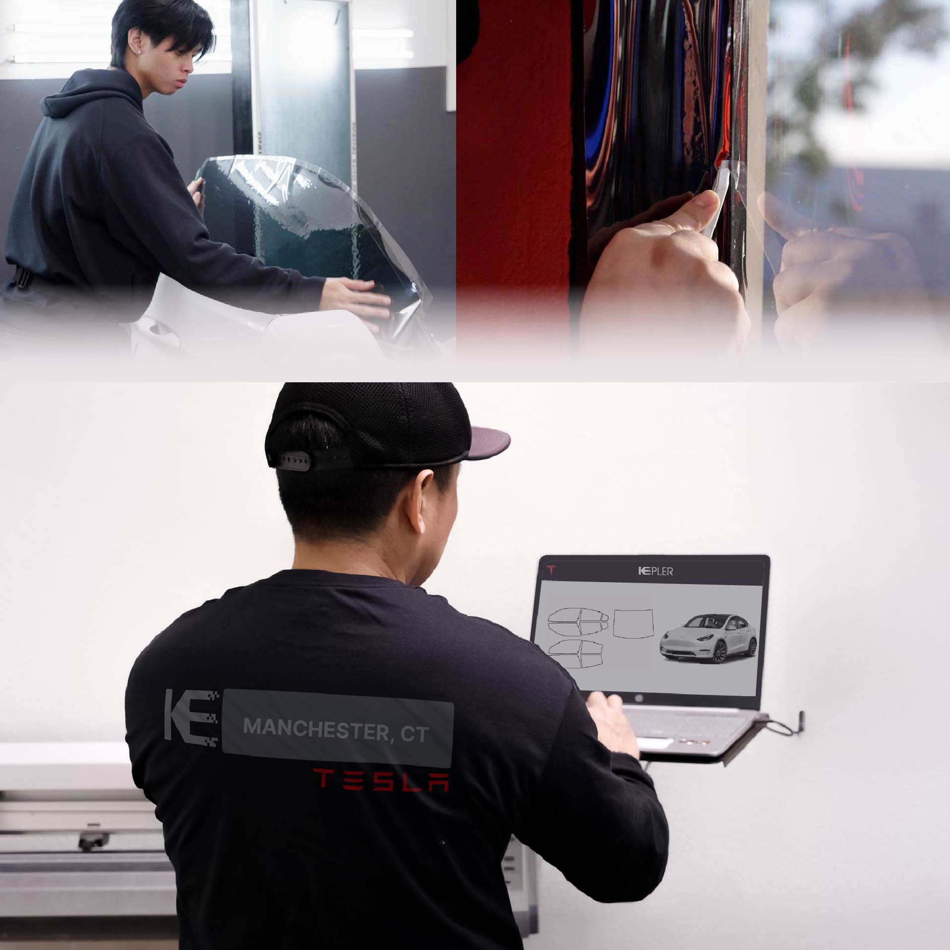 Kepler Technician Installing Advanced Window Tint to Tesla in Manchester