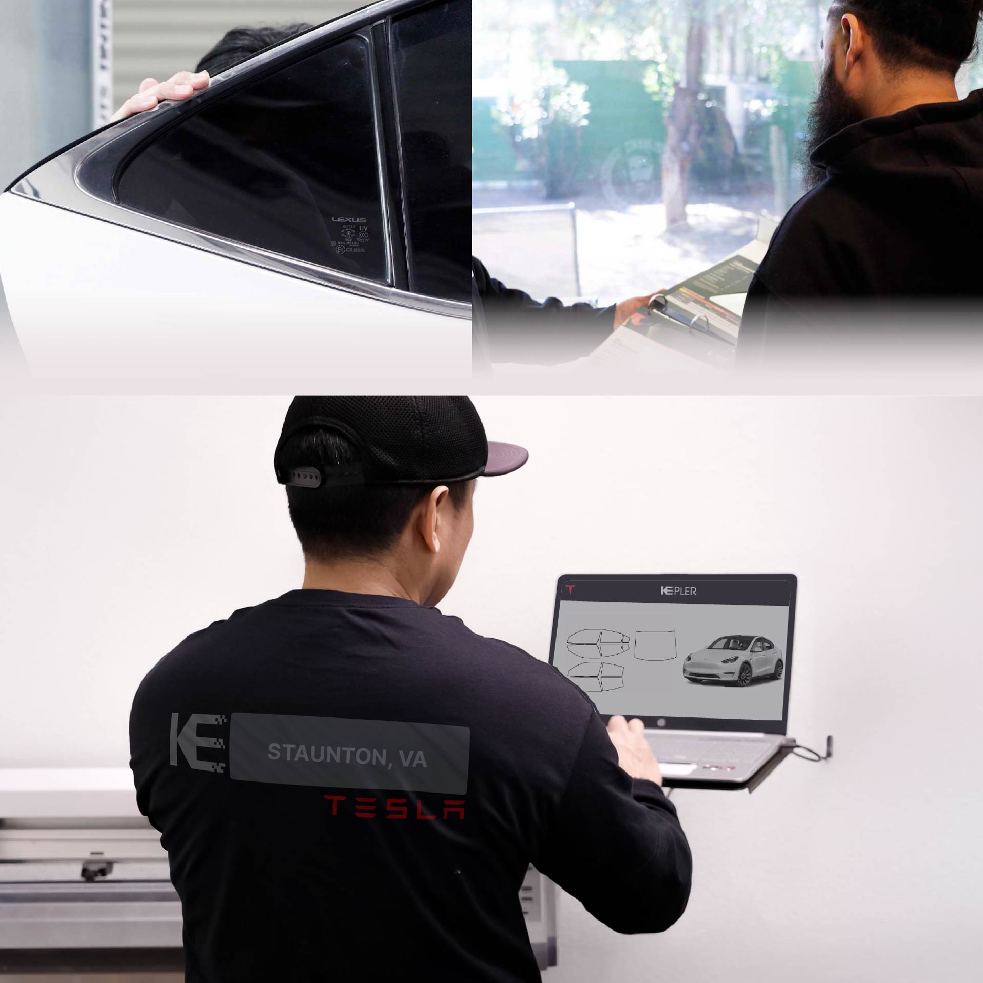 Kepler Technician Installing Ceramic Window Tint to Tesla in Staunton