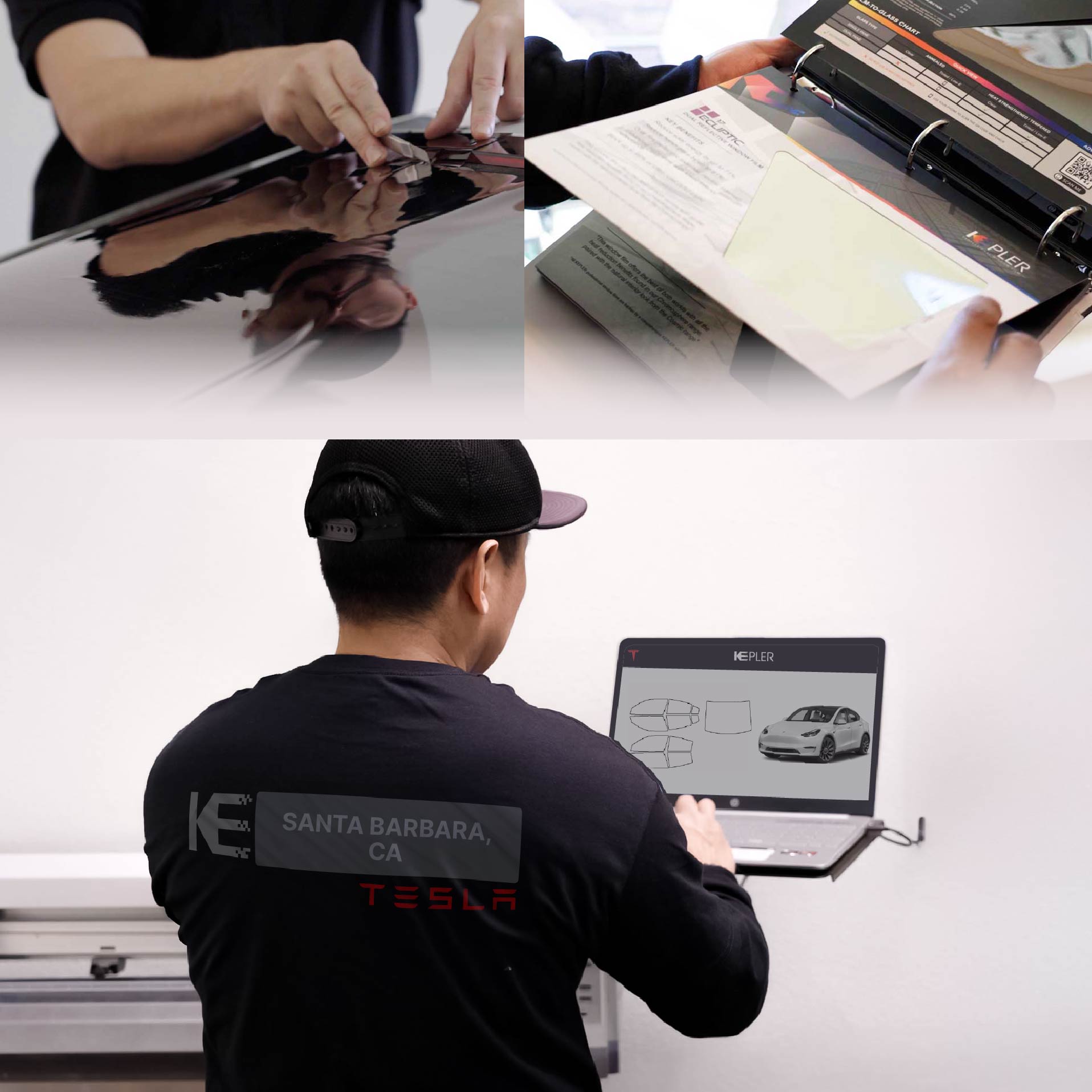Expert Technician Installing Ceramic Window Tint to Tesla in Santa Barbara