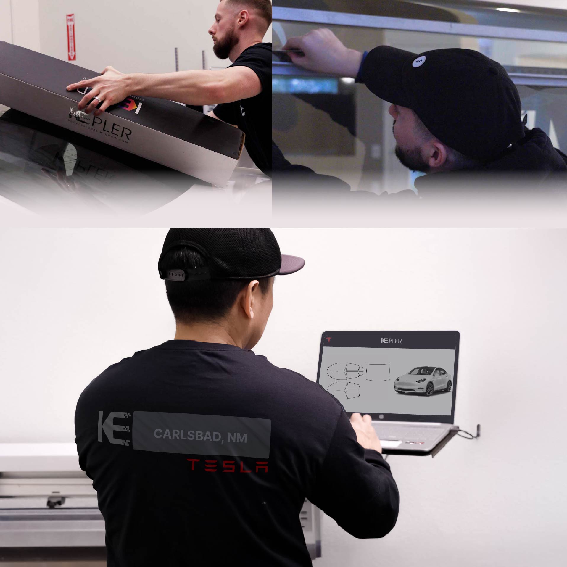 Kepler Technician Fitting High-tech Window Tint to Tesla in Carlsbad