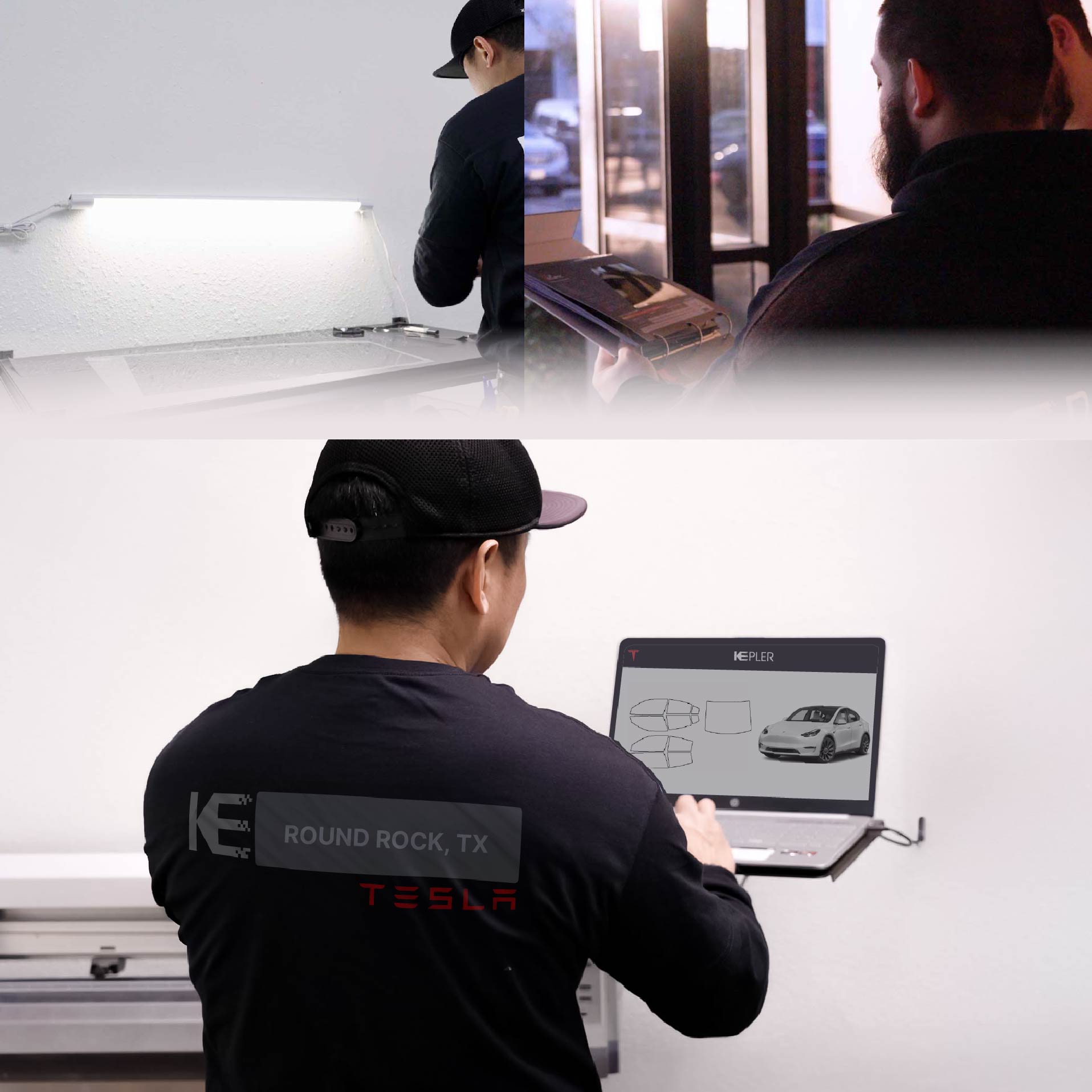 Kepler Technician Fitting Ceramic Window Tint to Tesla in Round Rock