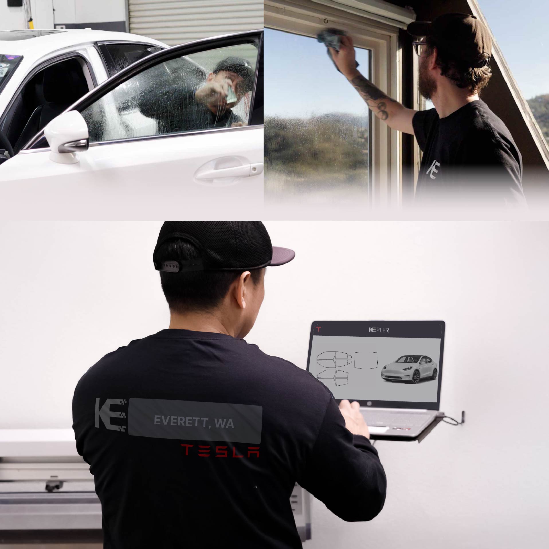 Kepler Technician Applying High-tech Window Tint to Tesla in Everett