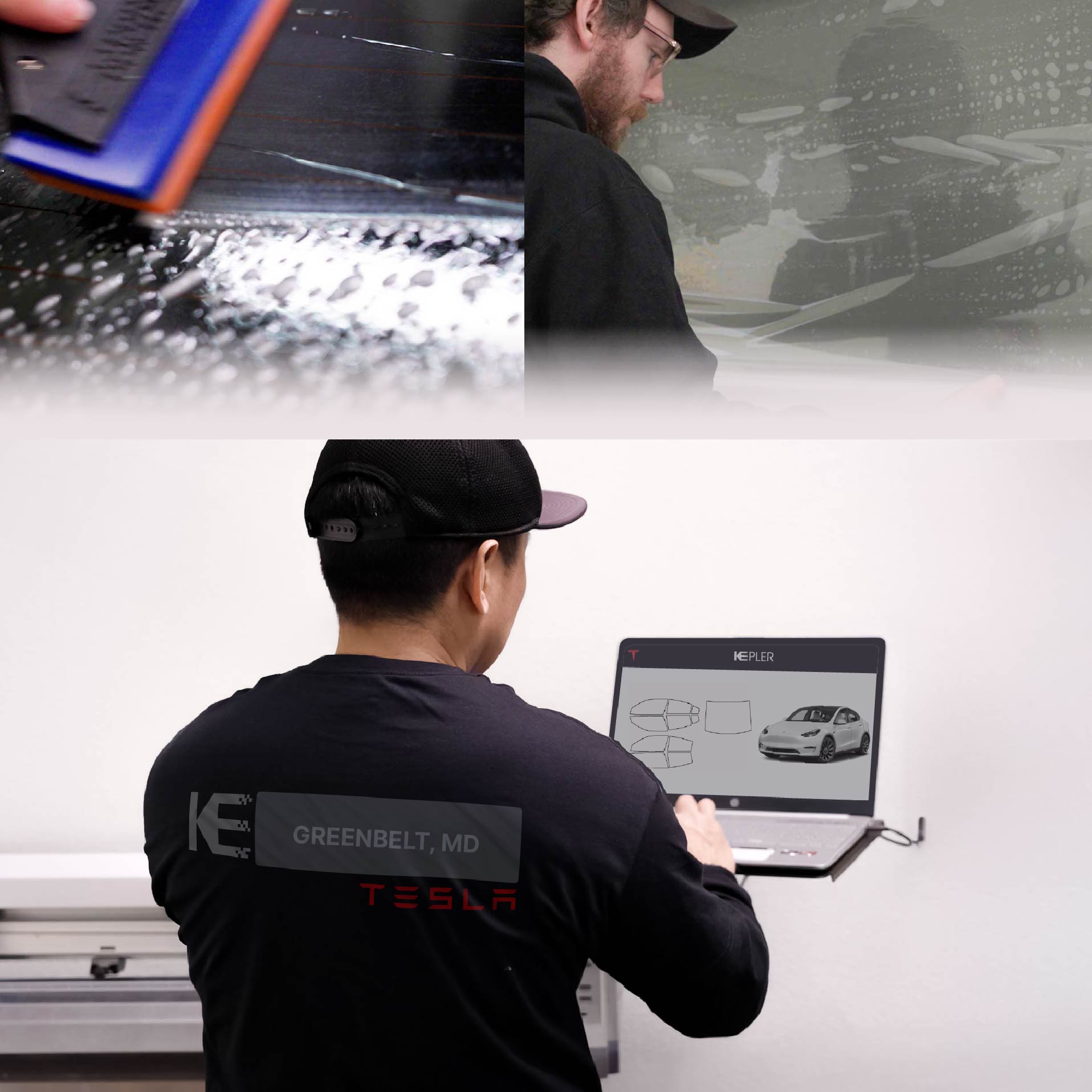 Expert Technician Fitting High-tech Window Tint to Tesla in Greenbelt