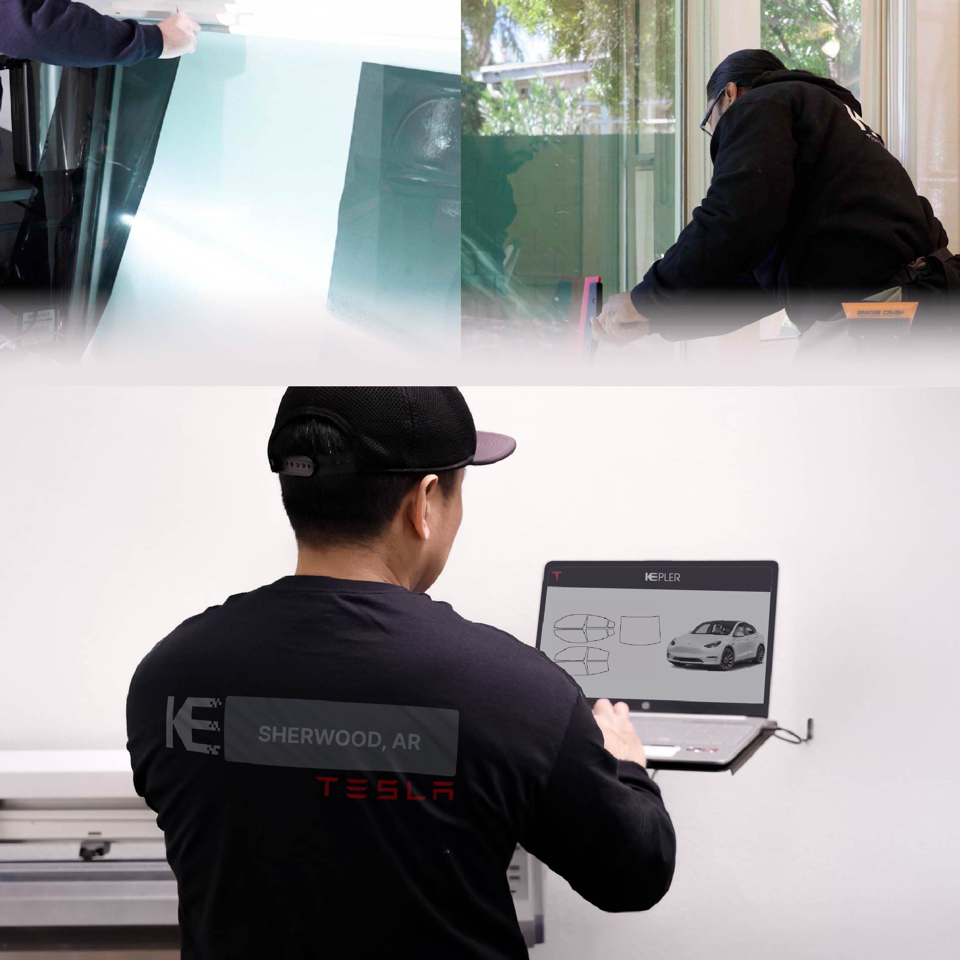 Expert Technician Installing Ceramic Window Tint to Tesla in Sherwood