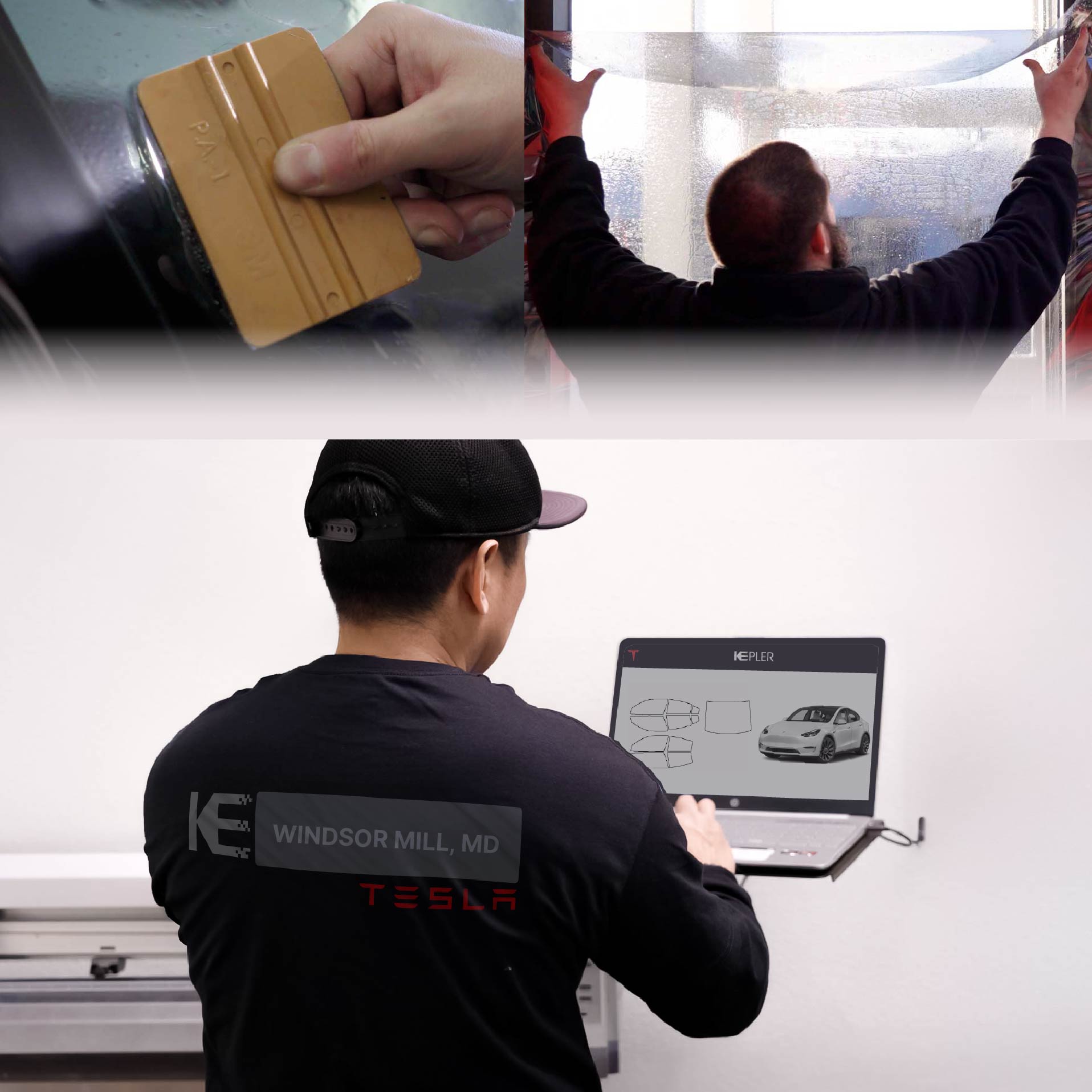 Kepler Technician Applying High-tech Window Tint to Tesla in Windsor Mill